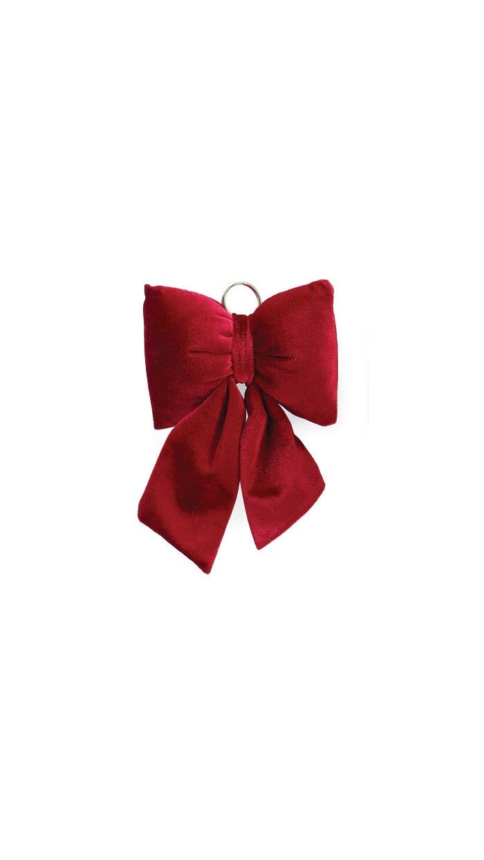 Small red velvet bow ornament with metal hanging ring, front view