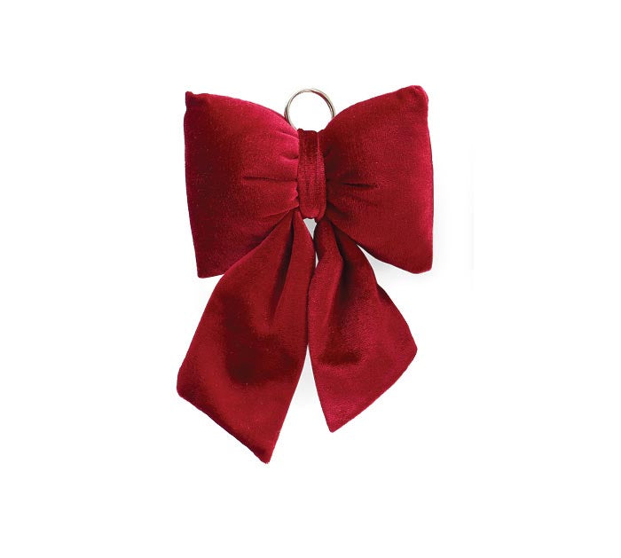 Small red velvet bow ornament with metal hanging ring, full view