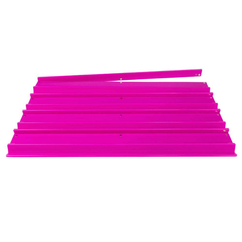 Set of pink metal brackets on a white background