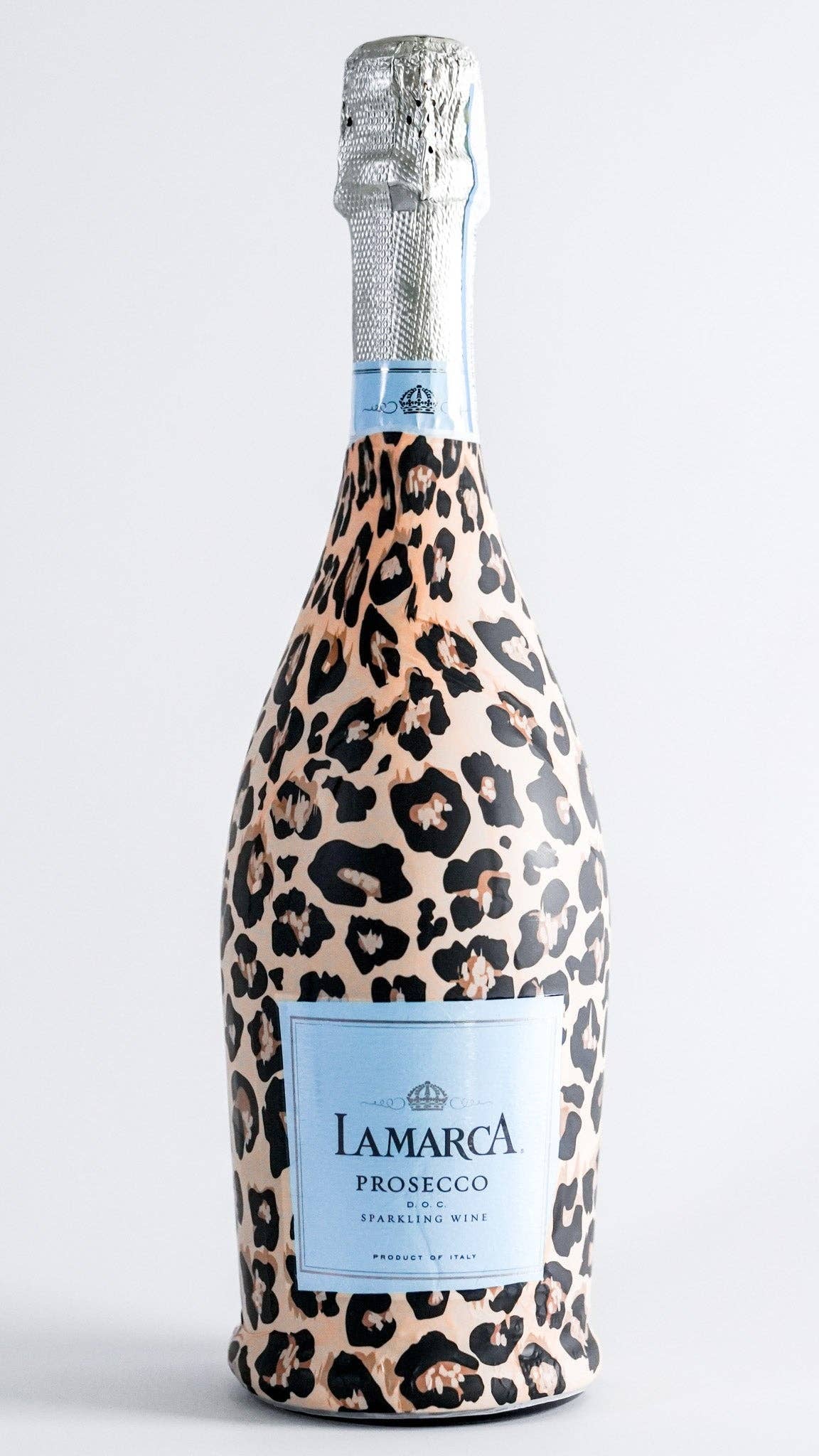 Beau Bottles Tan Leopard La Marca prosecco bottle wrap — front view — BLVD Boutik