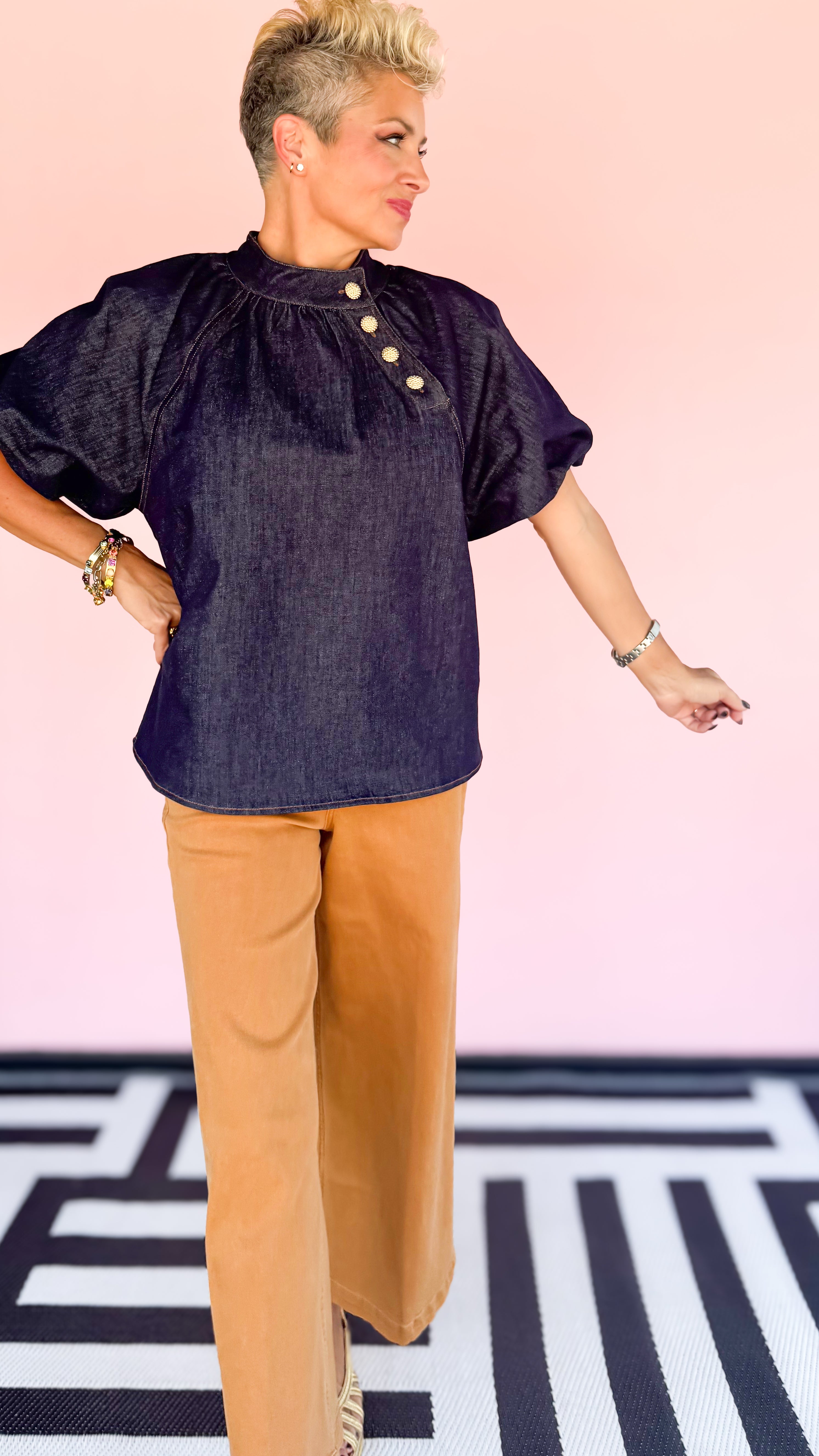 Bubble Sleeve Denim Top Gold Buttons