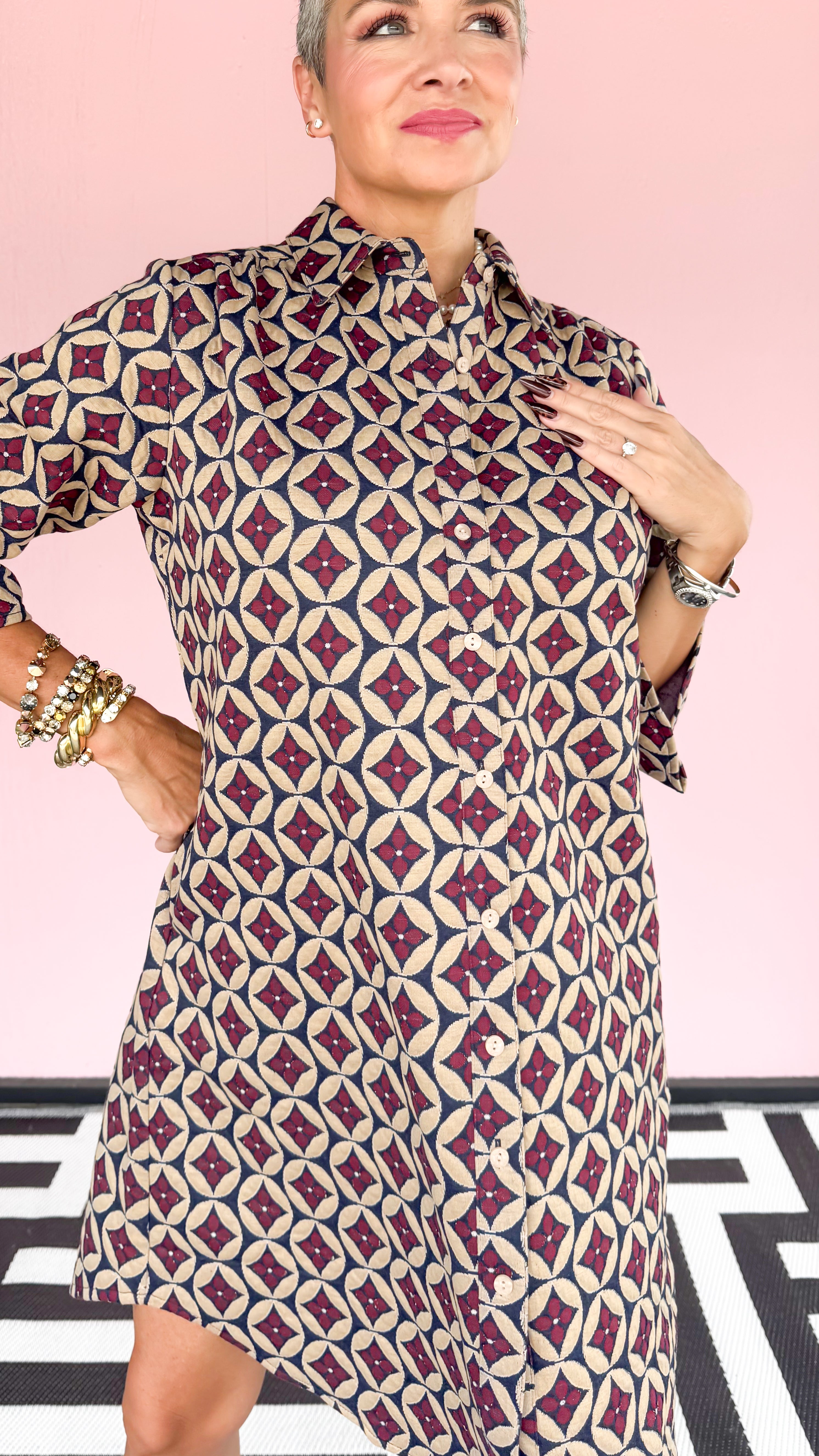 Burgundy Navy Patterned Dress