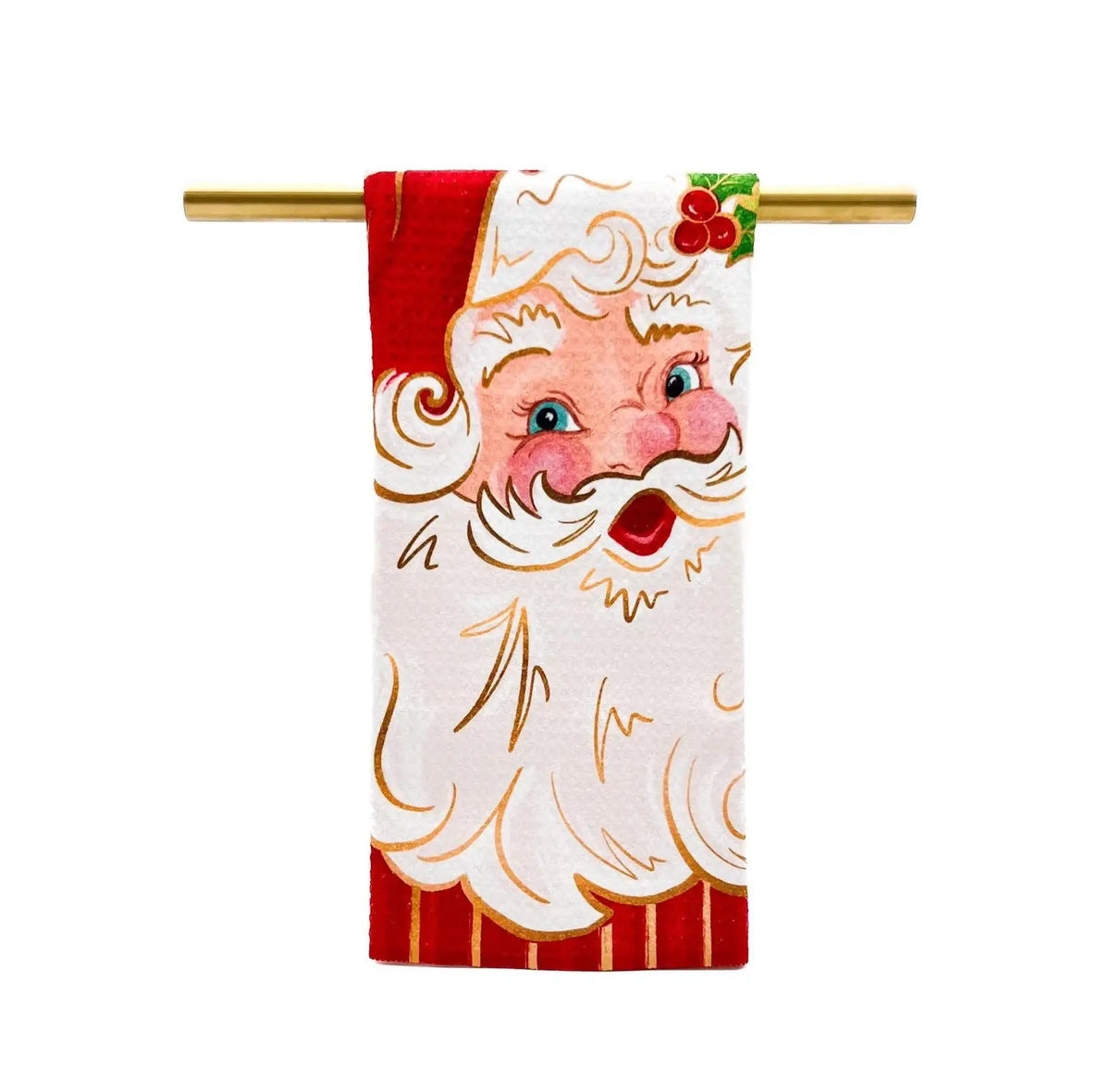 Red Santa Christmas waffle-weave tea towel, front view