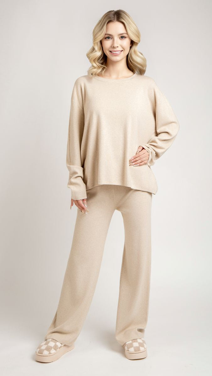 Beige Solid Long Sleeve Loungewear Top