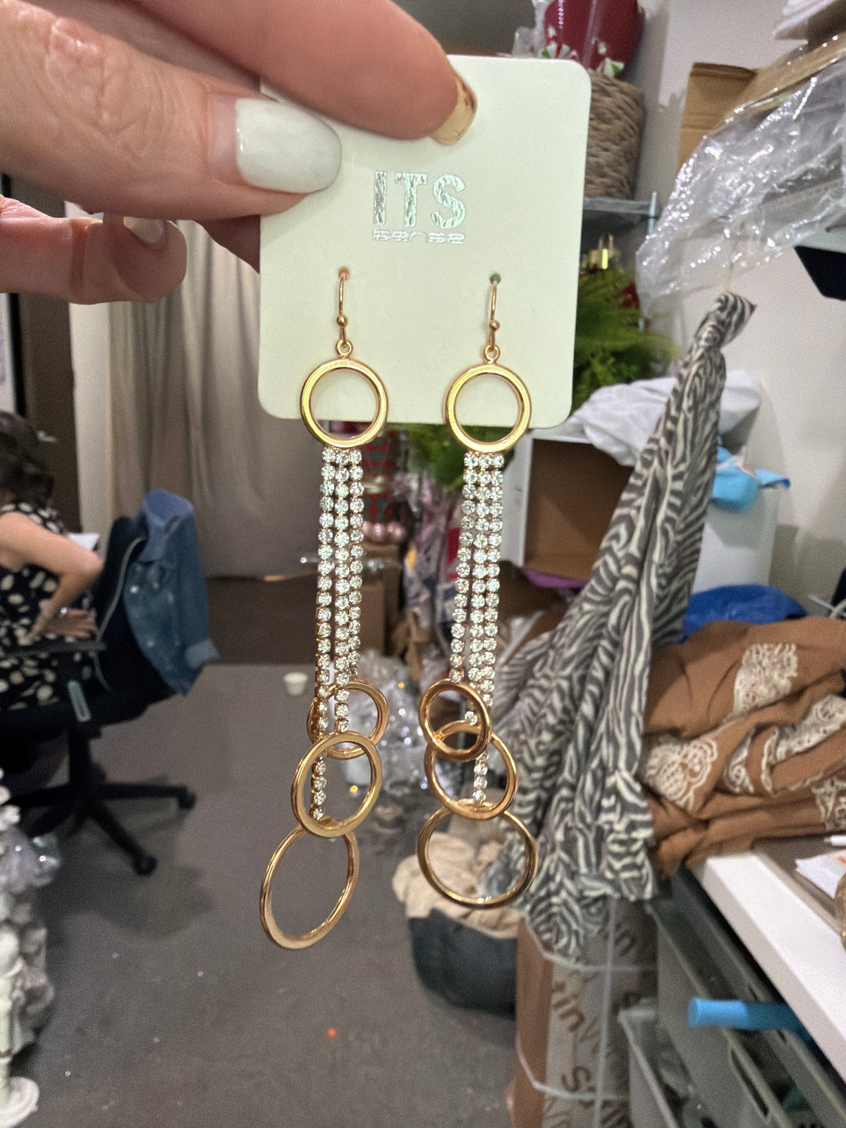 SW Trading Rhinestone Fringe & Hoop Earrings, gold, rhinestone chain fringe with hoops, front view on card