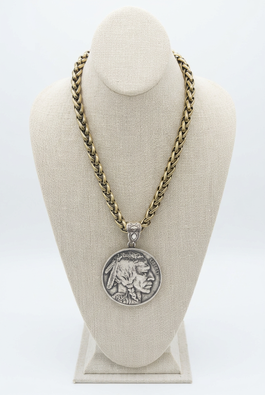 Accessories to Go XL Indian Head Coin Necklace with chunky chain and oversized coin pendant on a linen bust