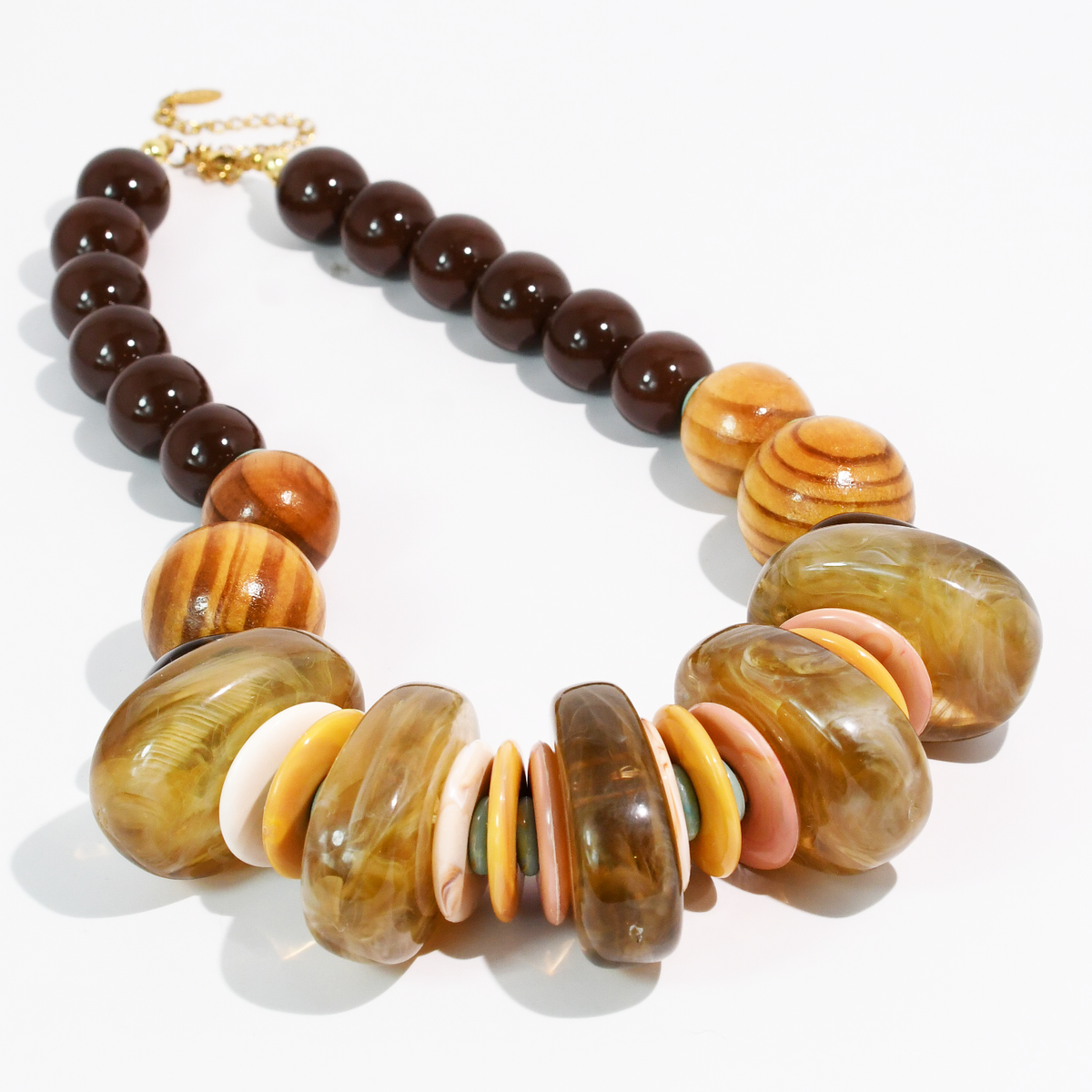 Autumn Dreams Necklace with chocolate brown beads and marbled amber, caramel and blush discs