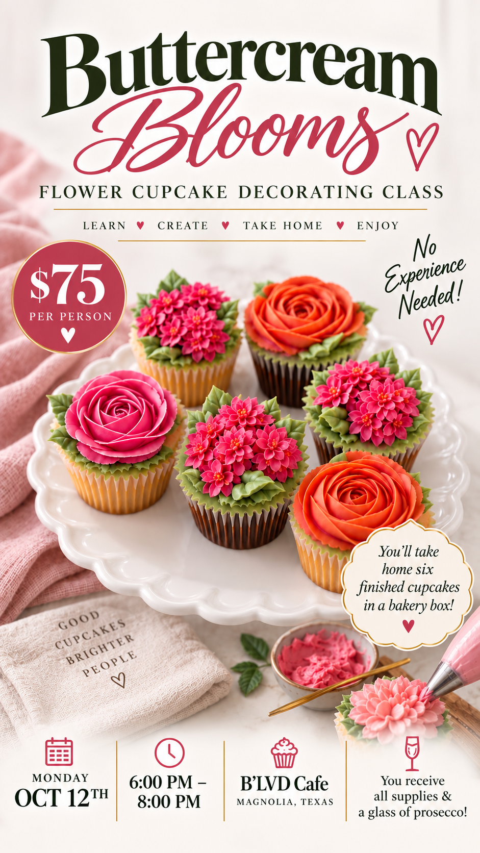 Buttercream Blooms: Flower Cupcake Decorating Class Oct. 12th 6:00-8:00pm