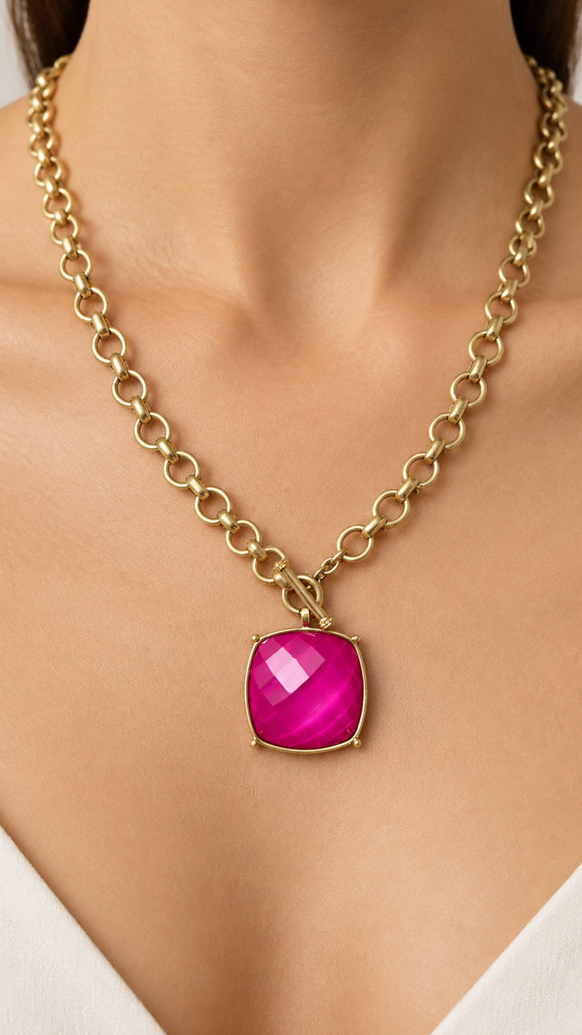I R I & Studio Chunky Fuchsia Faceted Stone Toggle Necklace, chunky faceted stones with toggle closure, front view