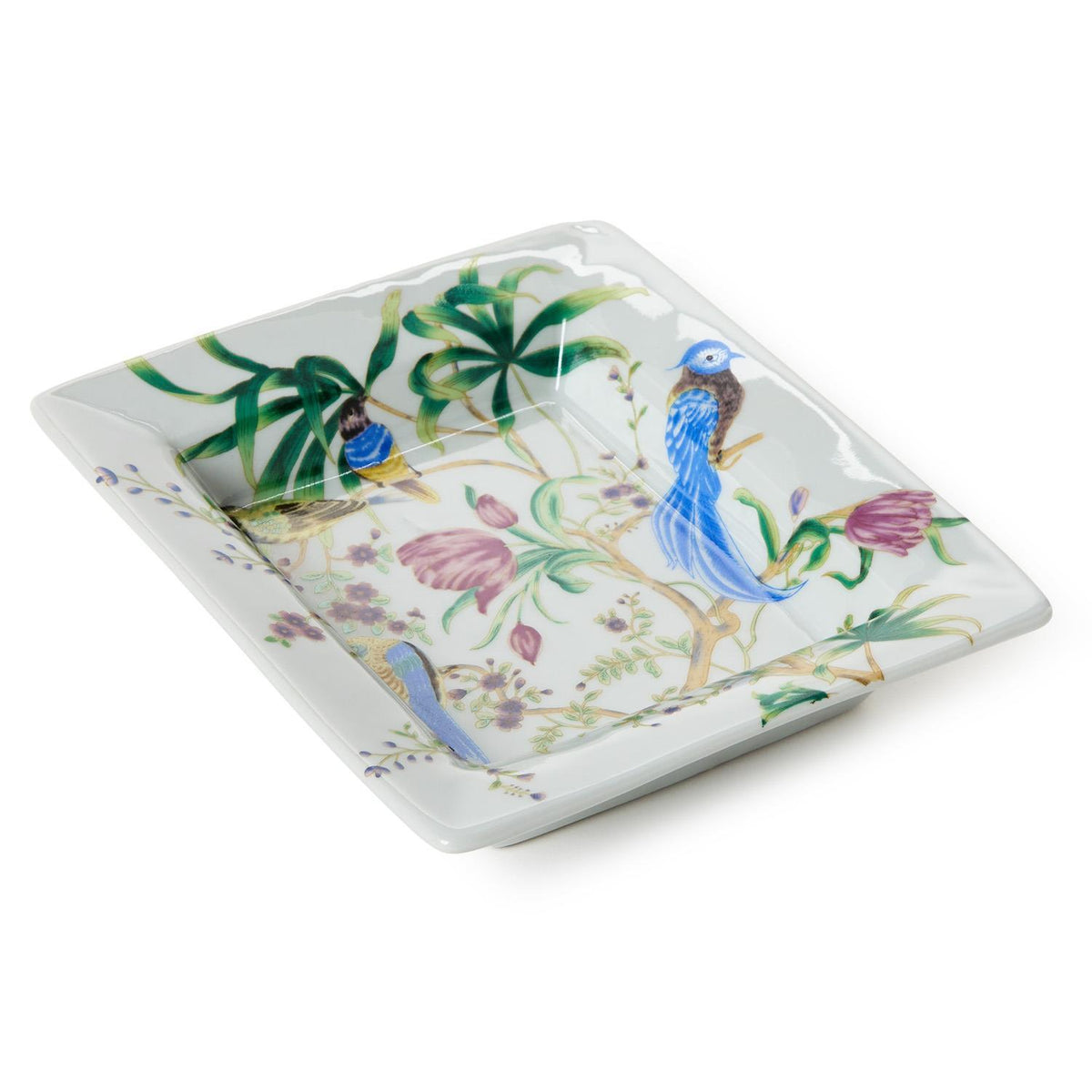 Bird and Blossom chinoiserie ceramic decorative tray with hand-painted birds and florals