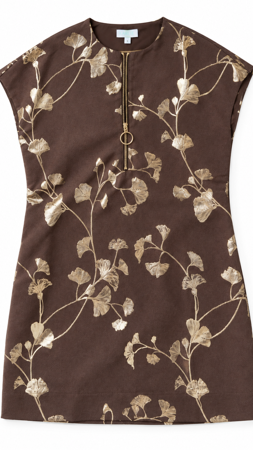 Gold Leaf 1/2 Zip Dress /Brown