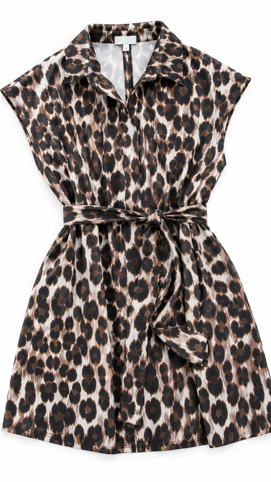 Belted V-Neck Dress/Leopard