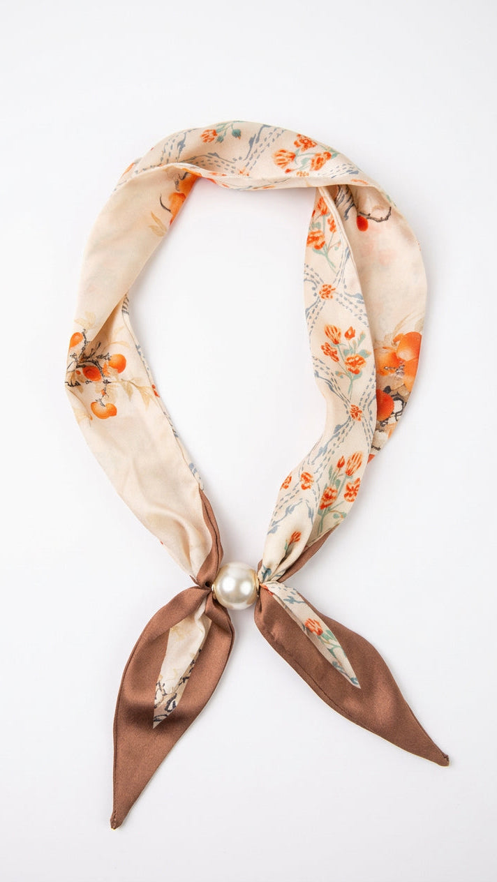 Cream and brown floral magnetic scarf necklace with orange blossom print, brown pointed ends and pearl-look front accent, front view.