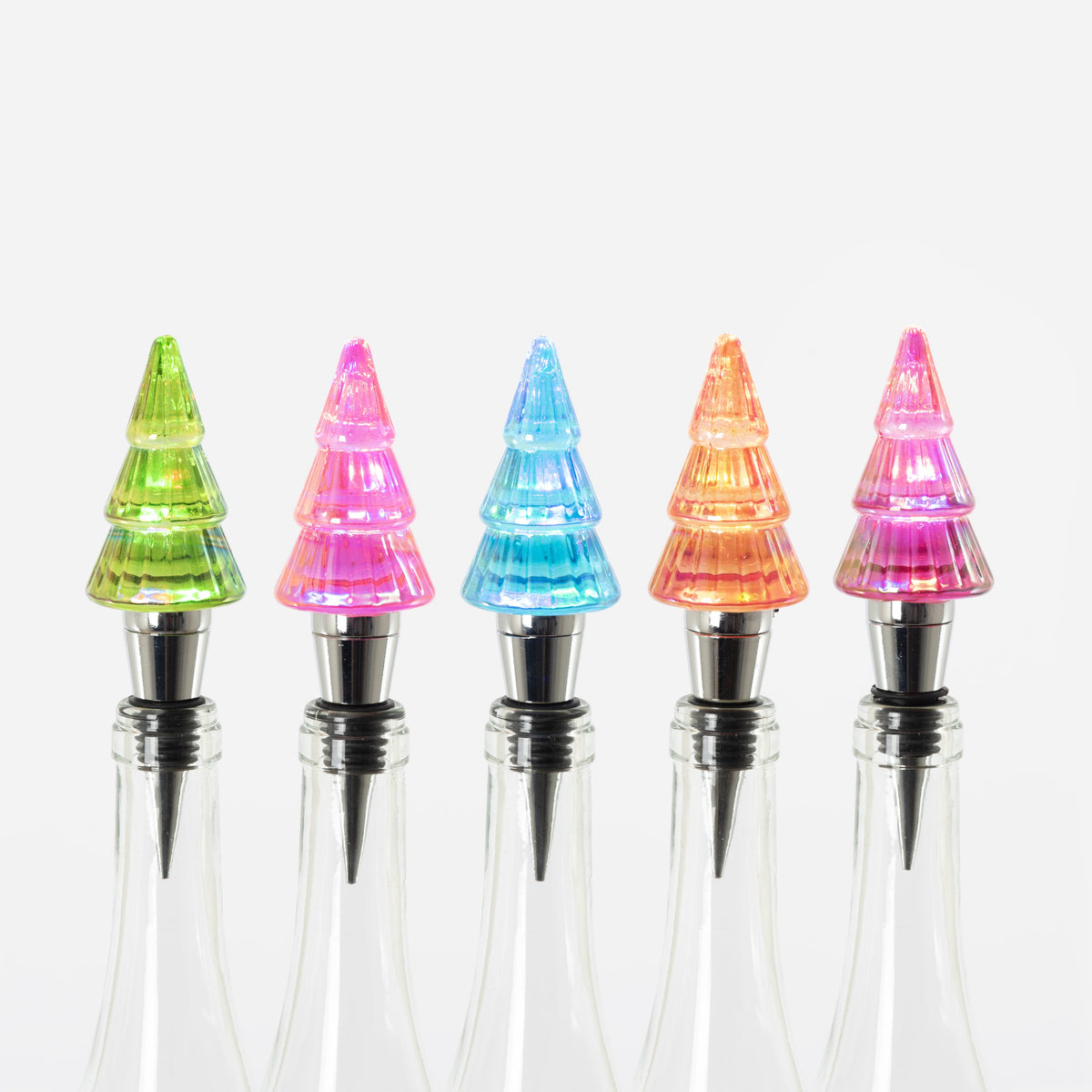 Light-up tree-shaped wine bottle stoppers in 5 assorted holiday styles, full view