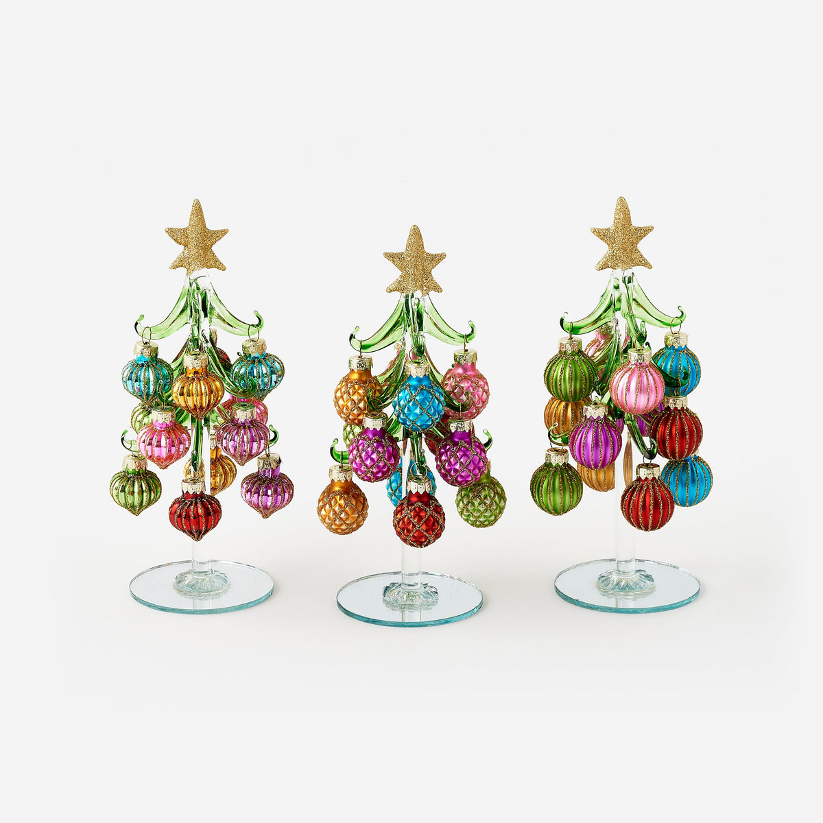 Handmade glass Christmas trees trimmed with tiny glass balls, 3 assorted styles, full view