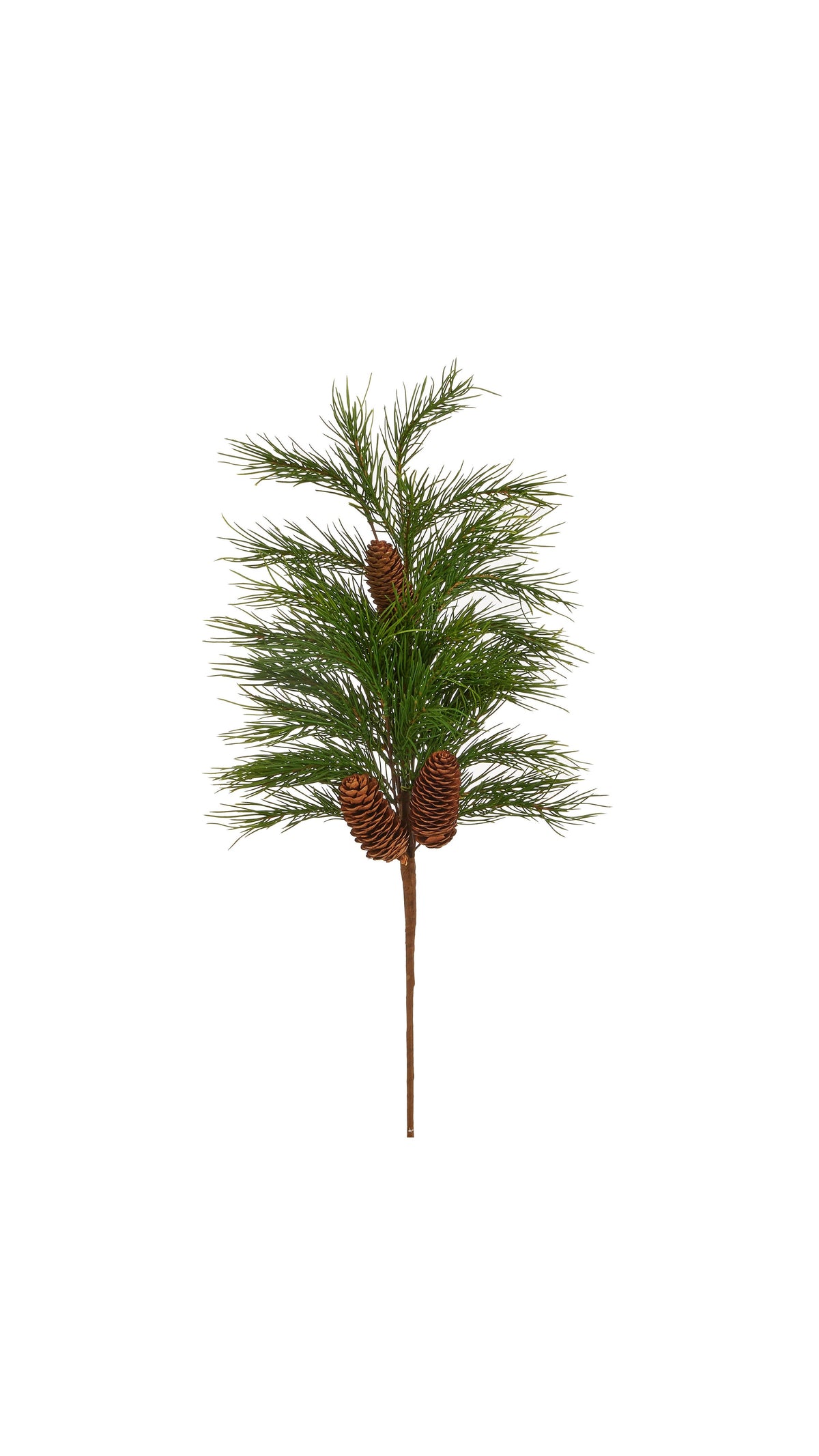 28 inch faux pine spray with pinecone accent, full view on white