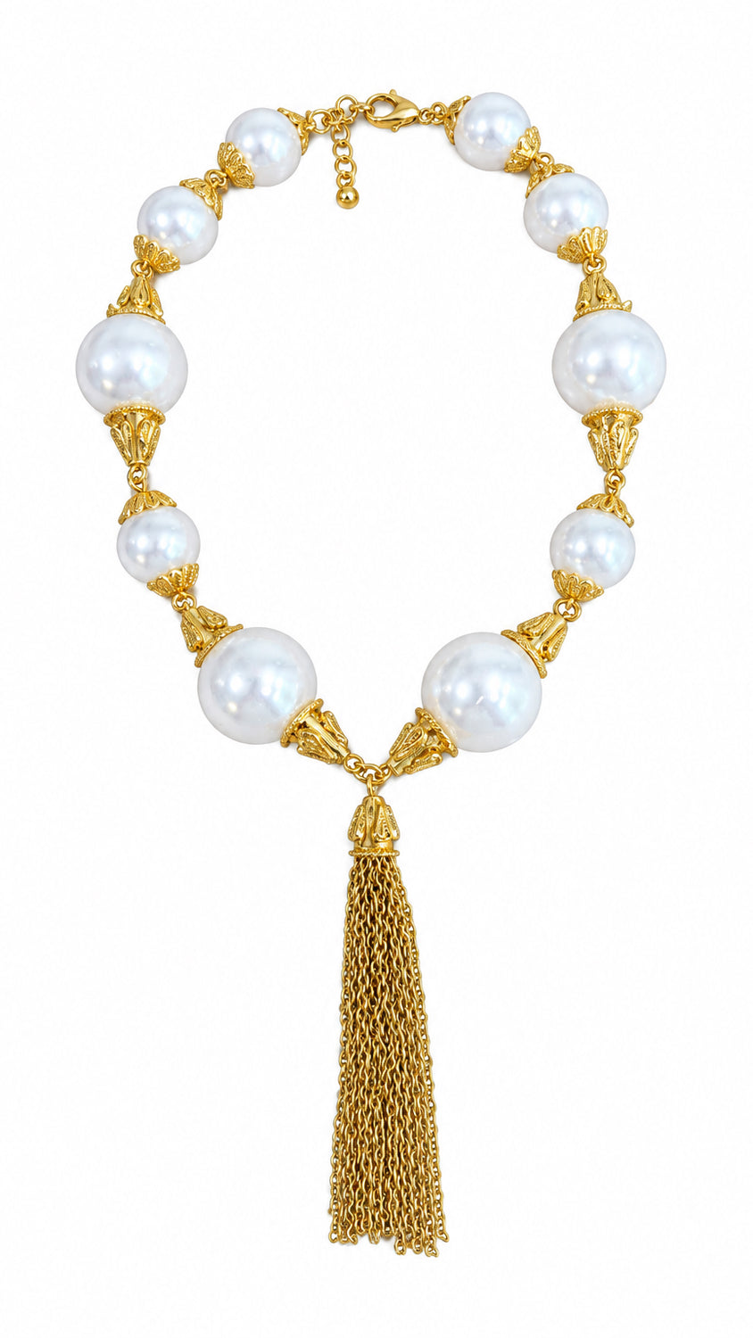 I R I & Studio Bold Pearl Station Necklace with Tassel, pearl stations with tassel, front view
