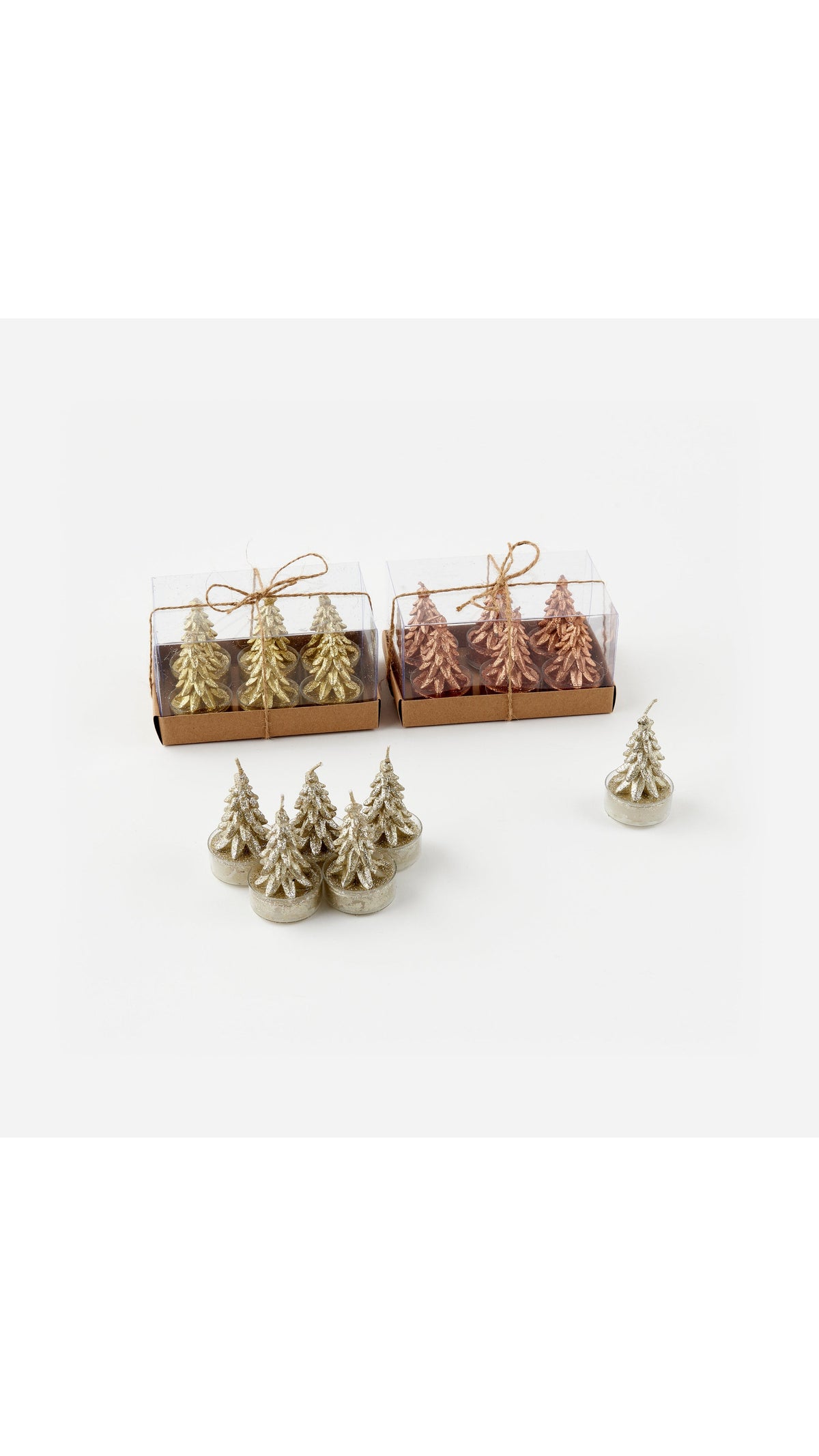 Glittered Metallic Tree Tealight Candles, Set of 6, full view on white