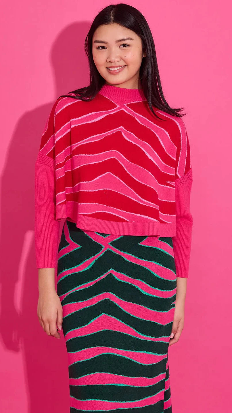 Leona Pink & Red Zebra Crop Sweater XS