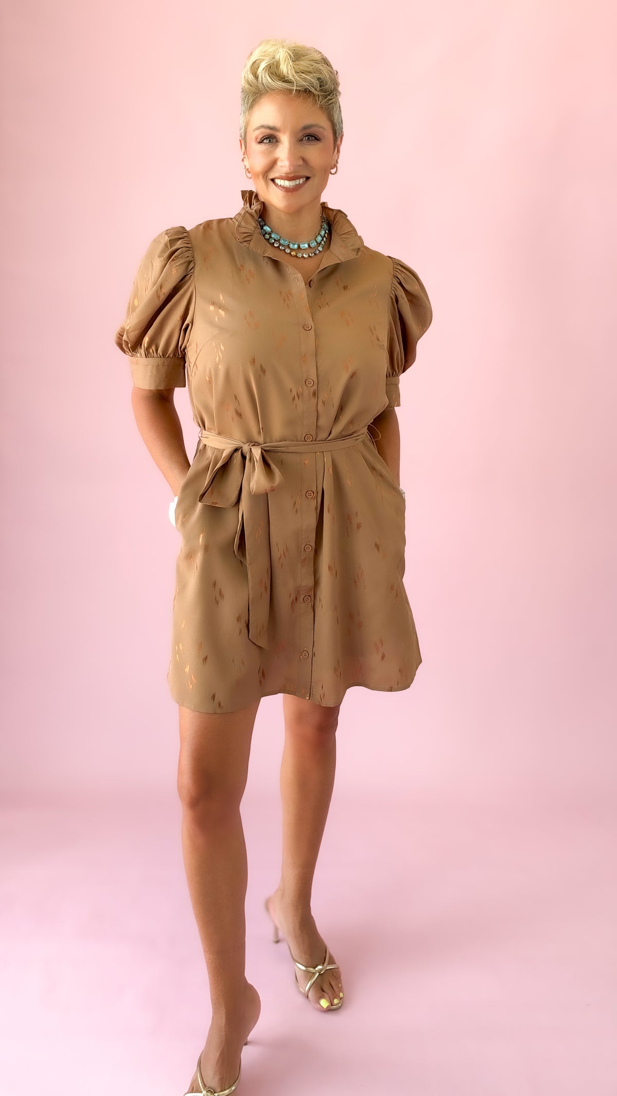Ruffled Brocade Mini Dress/Mocha