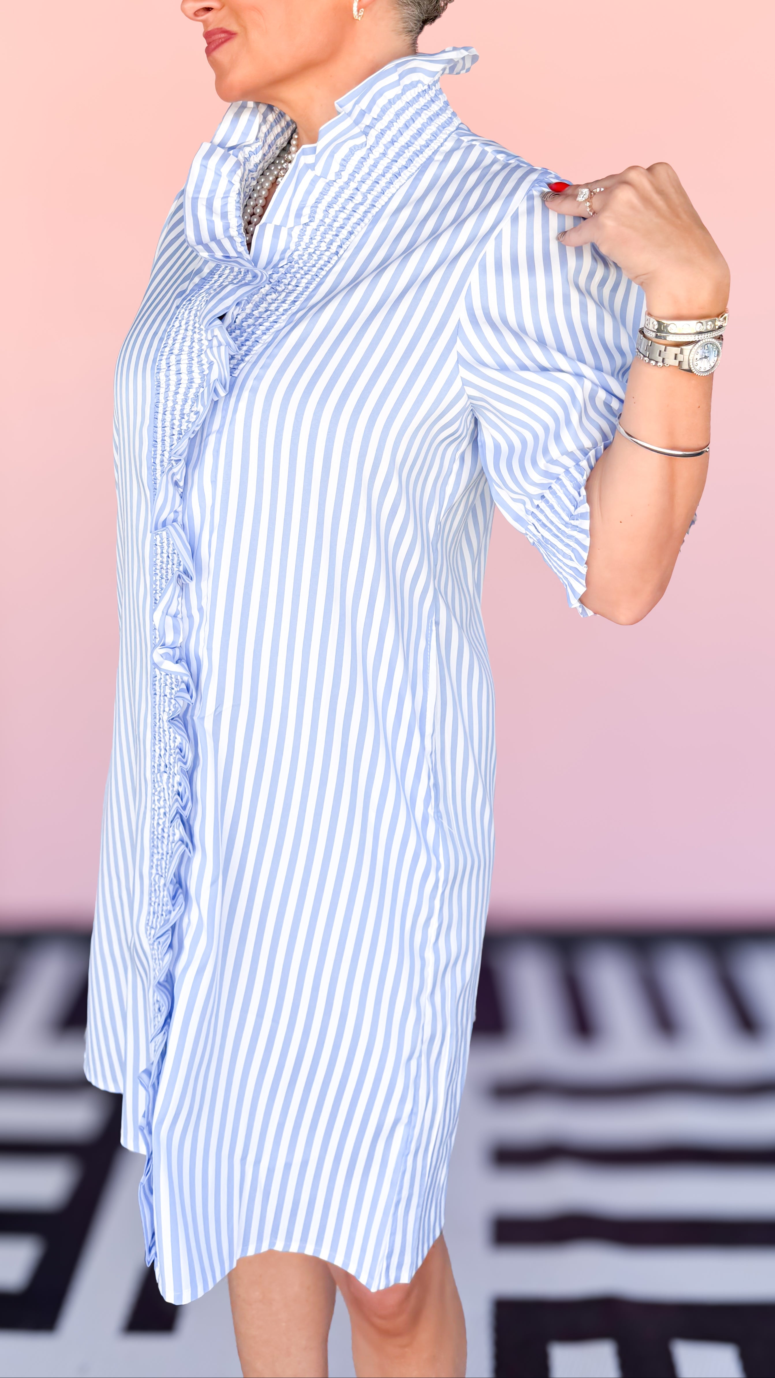 Ruffle neck and front striped dress worn on model - styled view - BLVD Boutik
