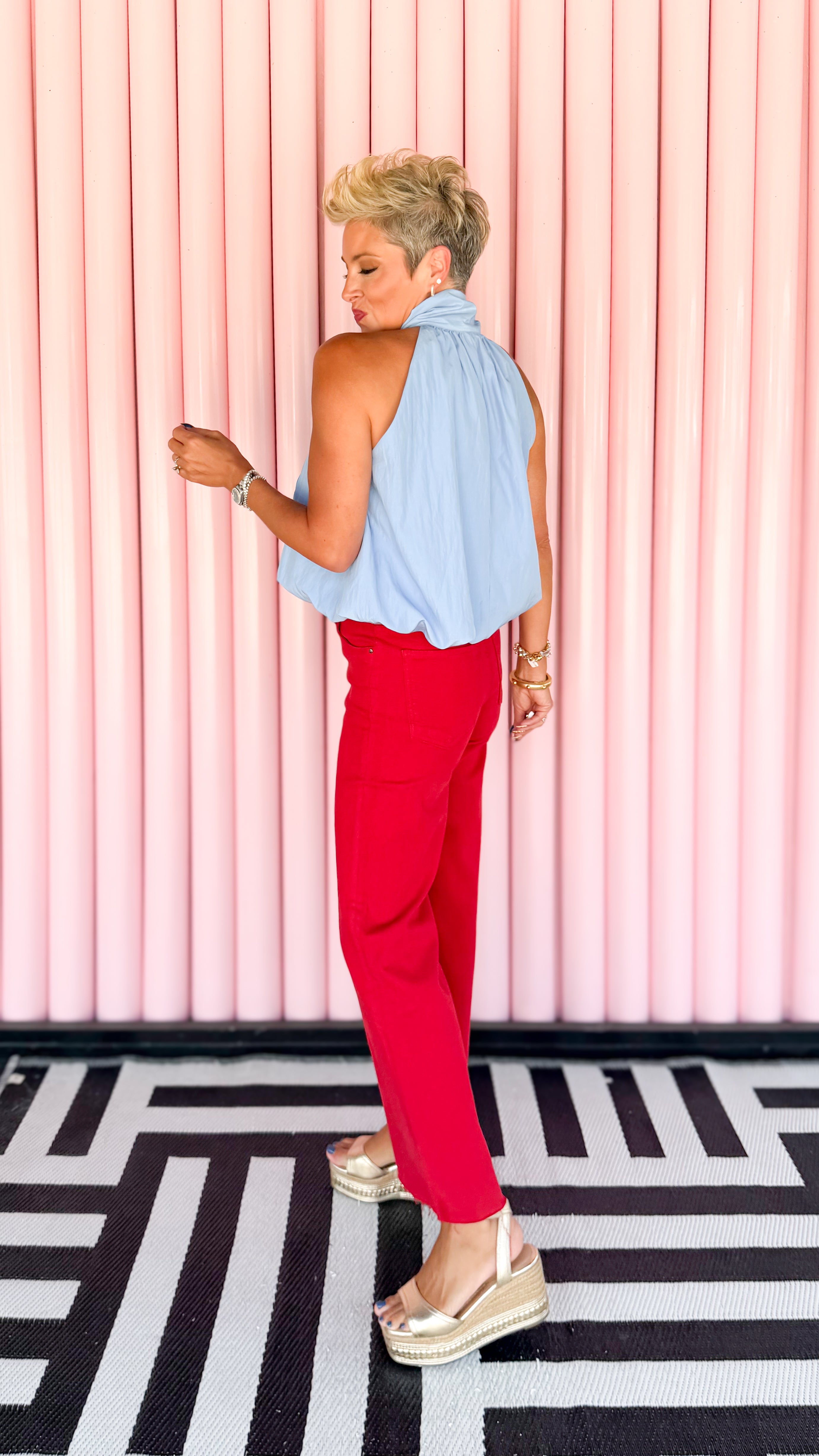 High Neck Bubble Hem Top/Blue