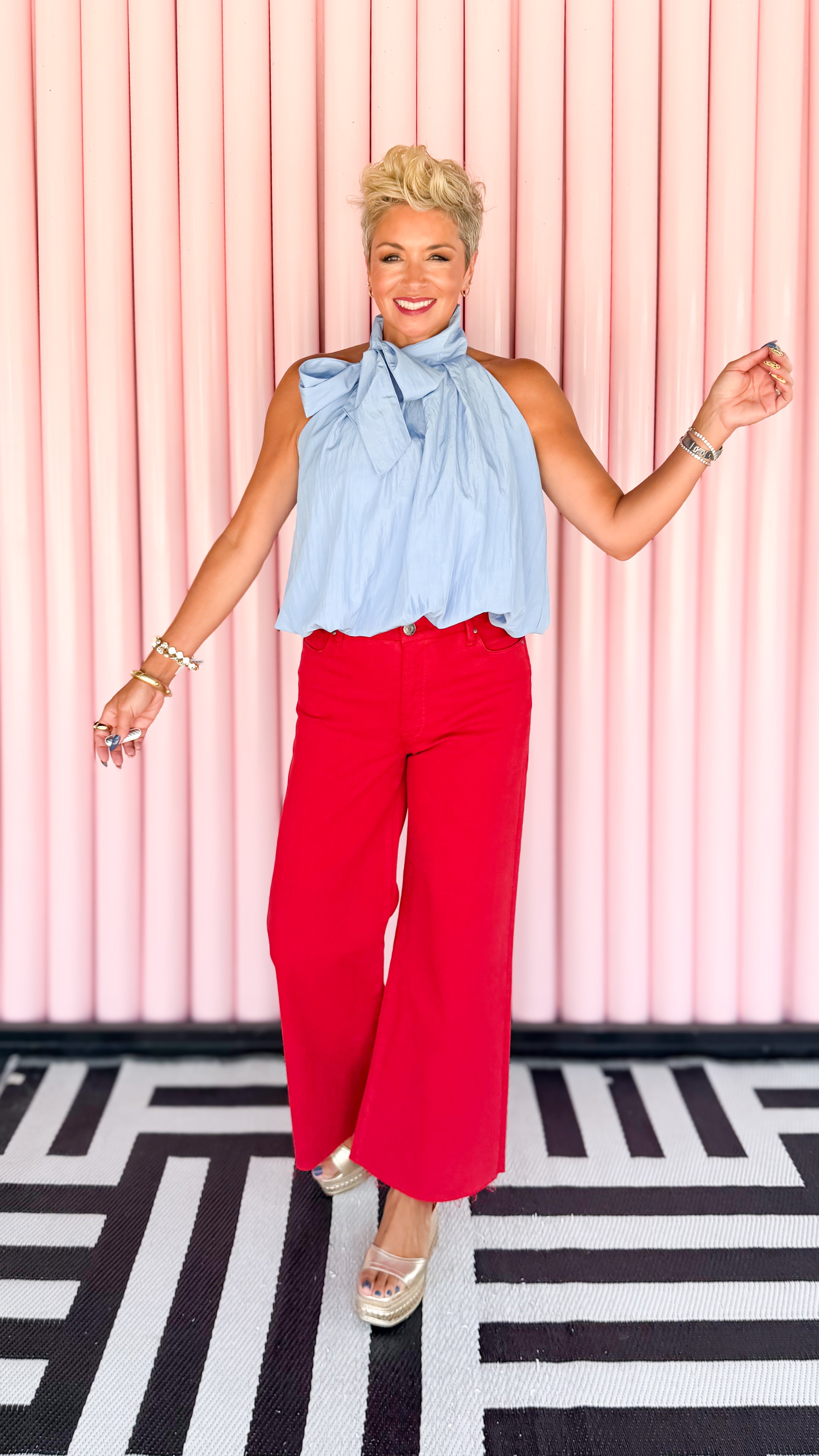 High Neck Bubble Hem Top/Blue