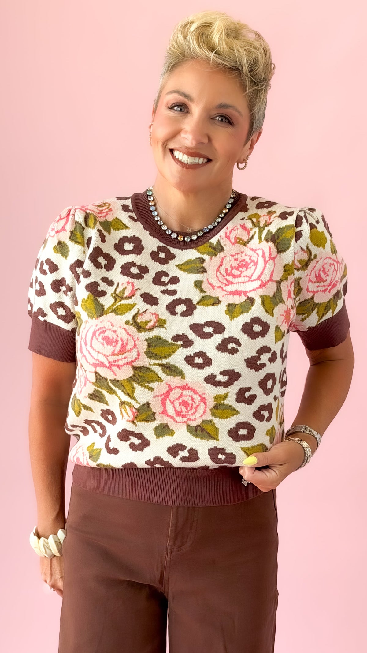 Cream Brown Jacquard Sweater