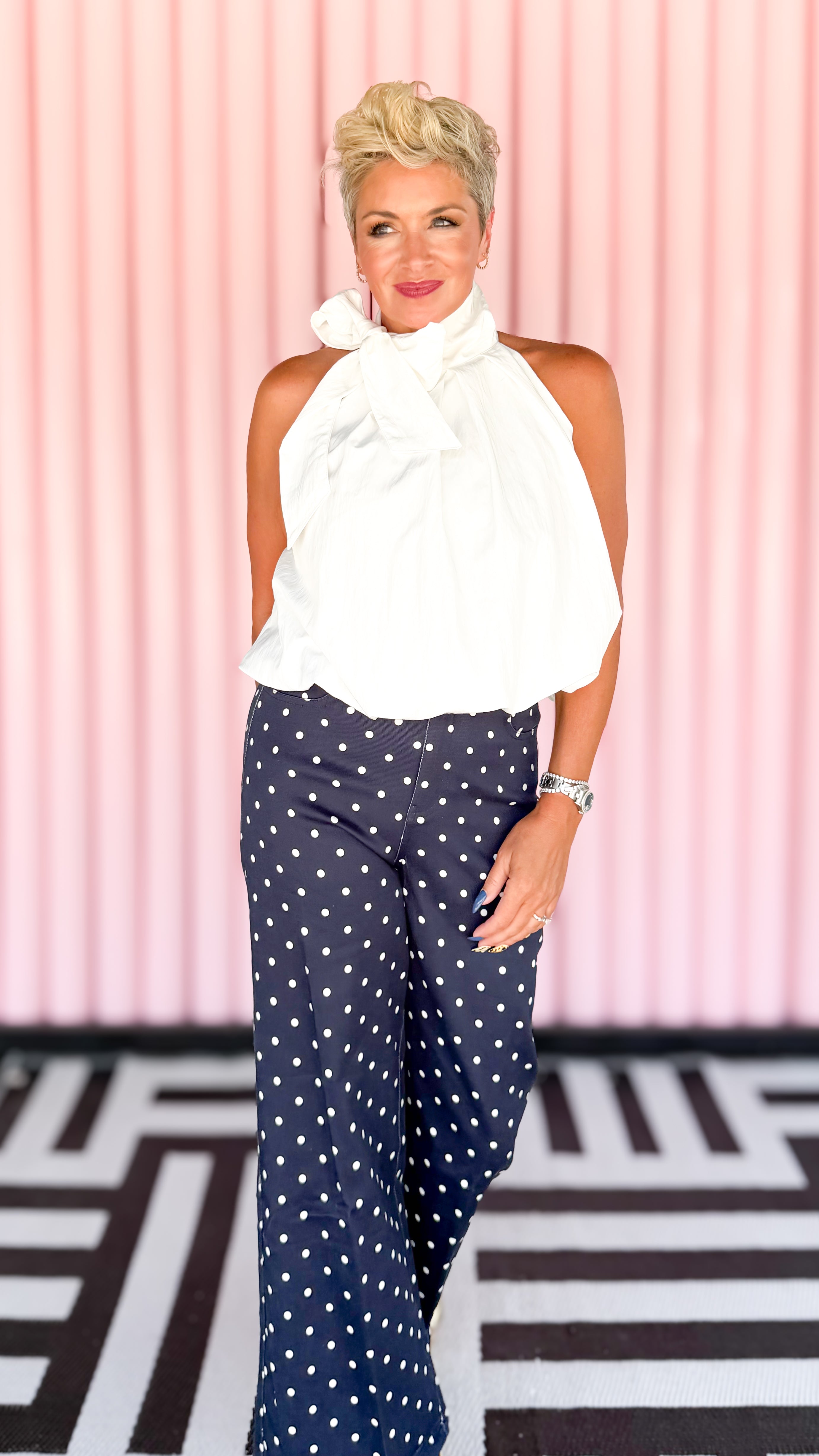 High Neck Bubble Hem Top/White