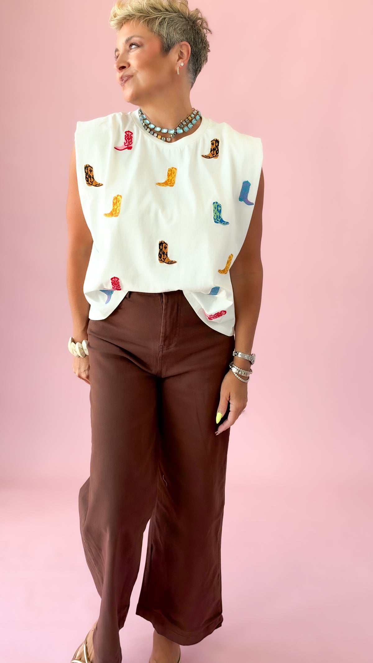 Embroidered Boots Sleeveless Tee