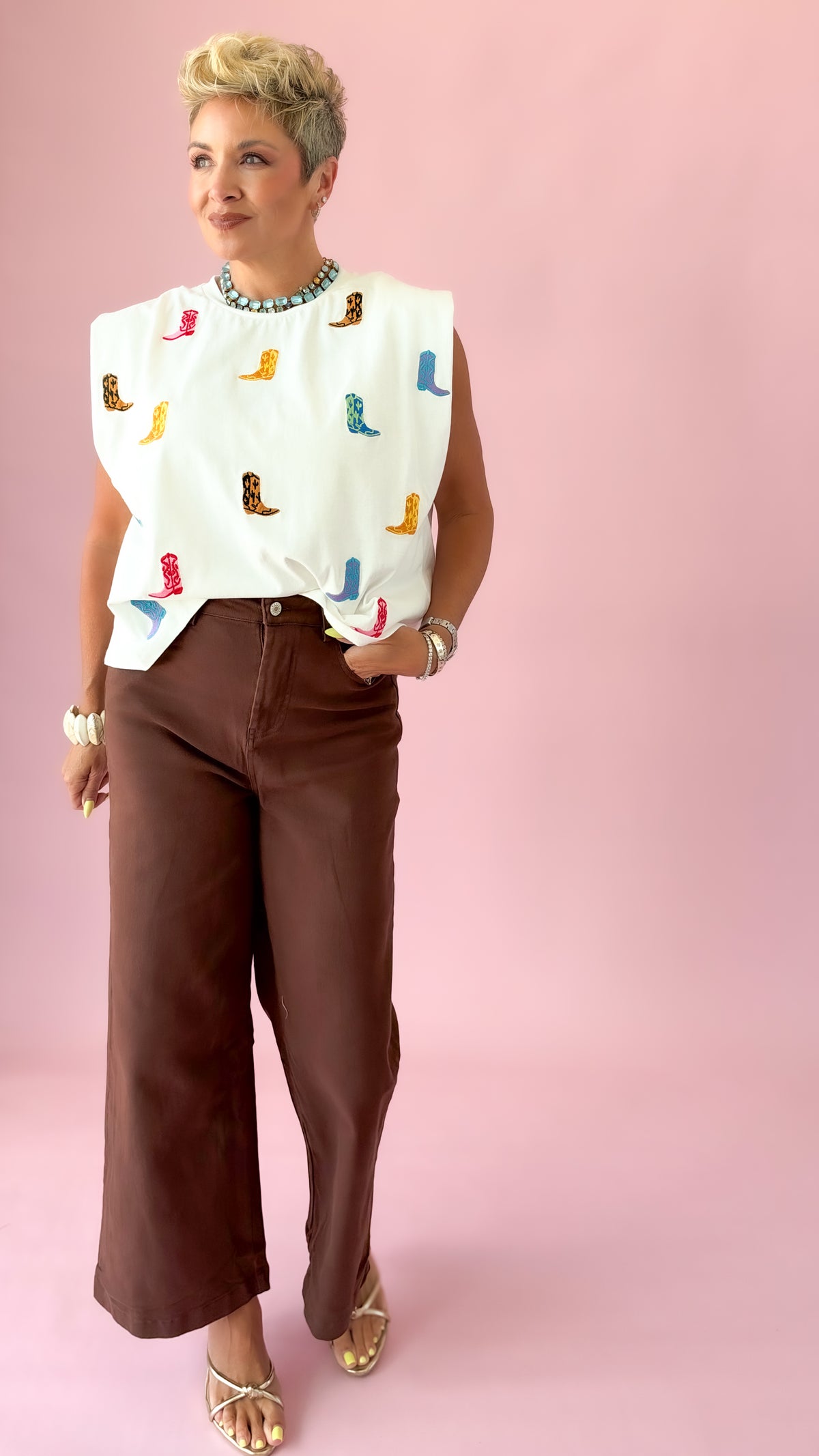 Embroidered Boots Sleeveless Tee