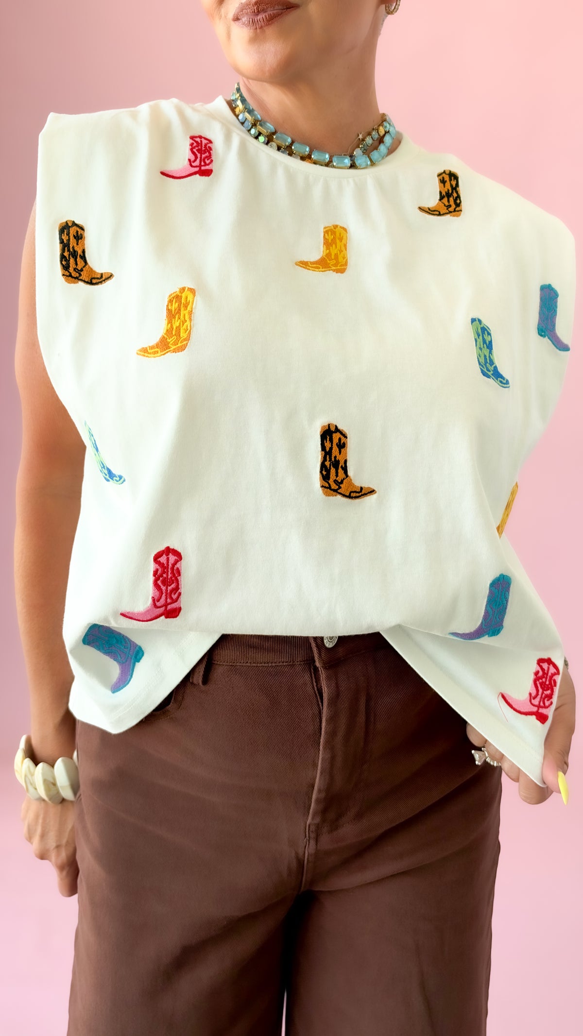 Embroidered Boots Sleeveless Tee