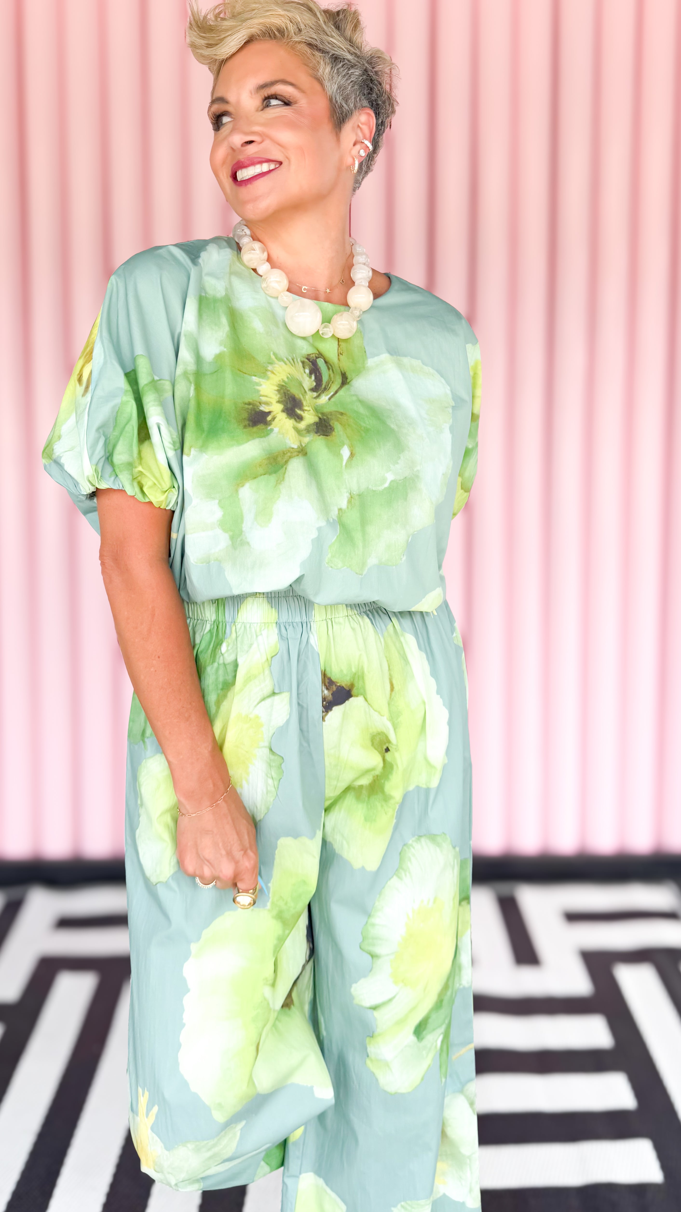 Floral Balloon Sleeve Crop Blouse/Sage