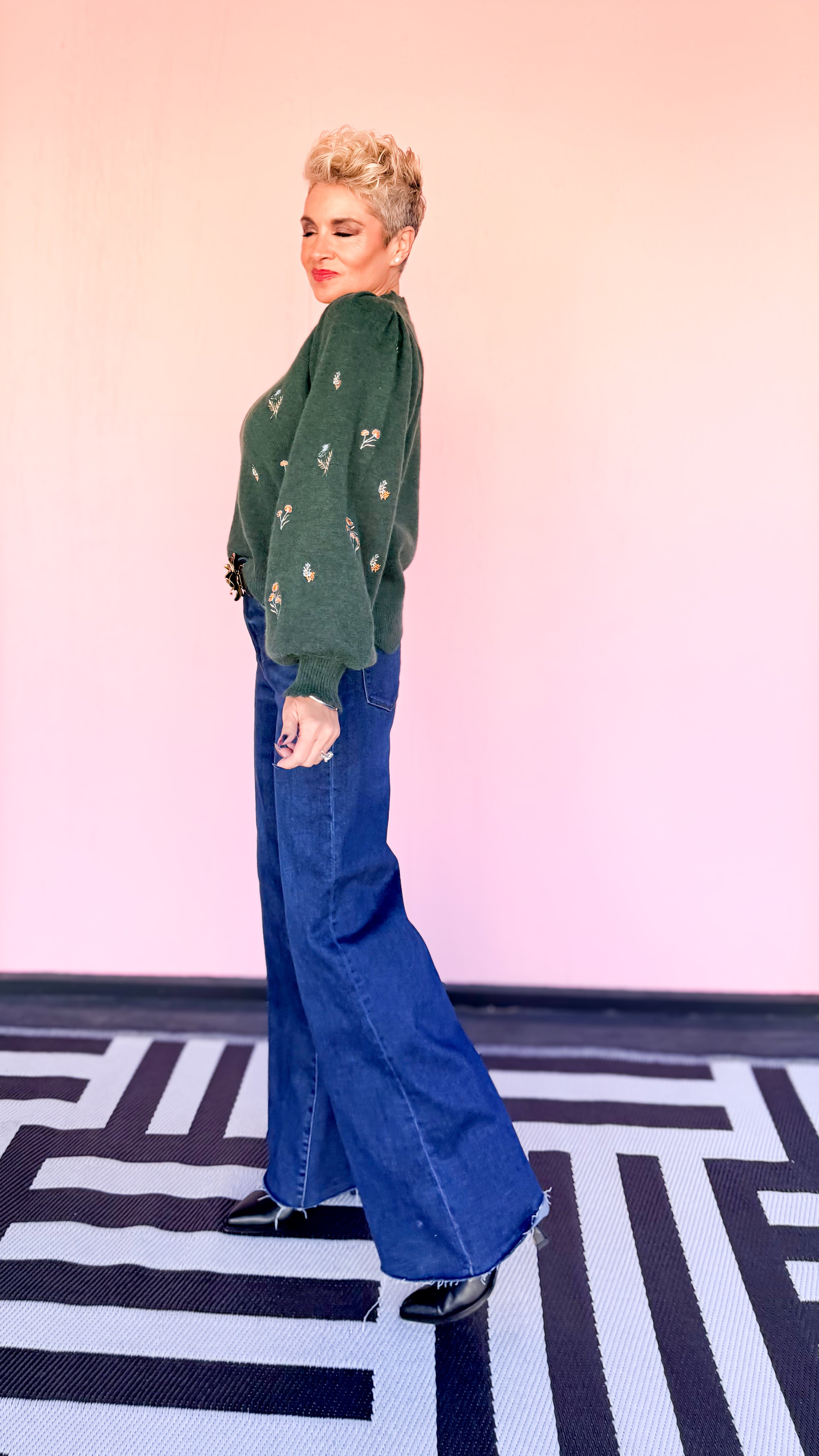 Floral Puff Sleeve Sweater/Green