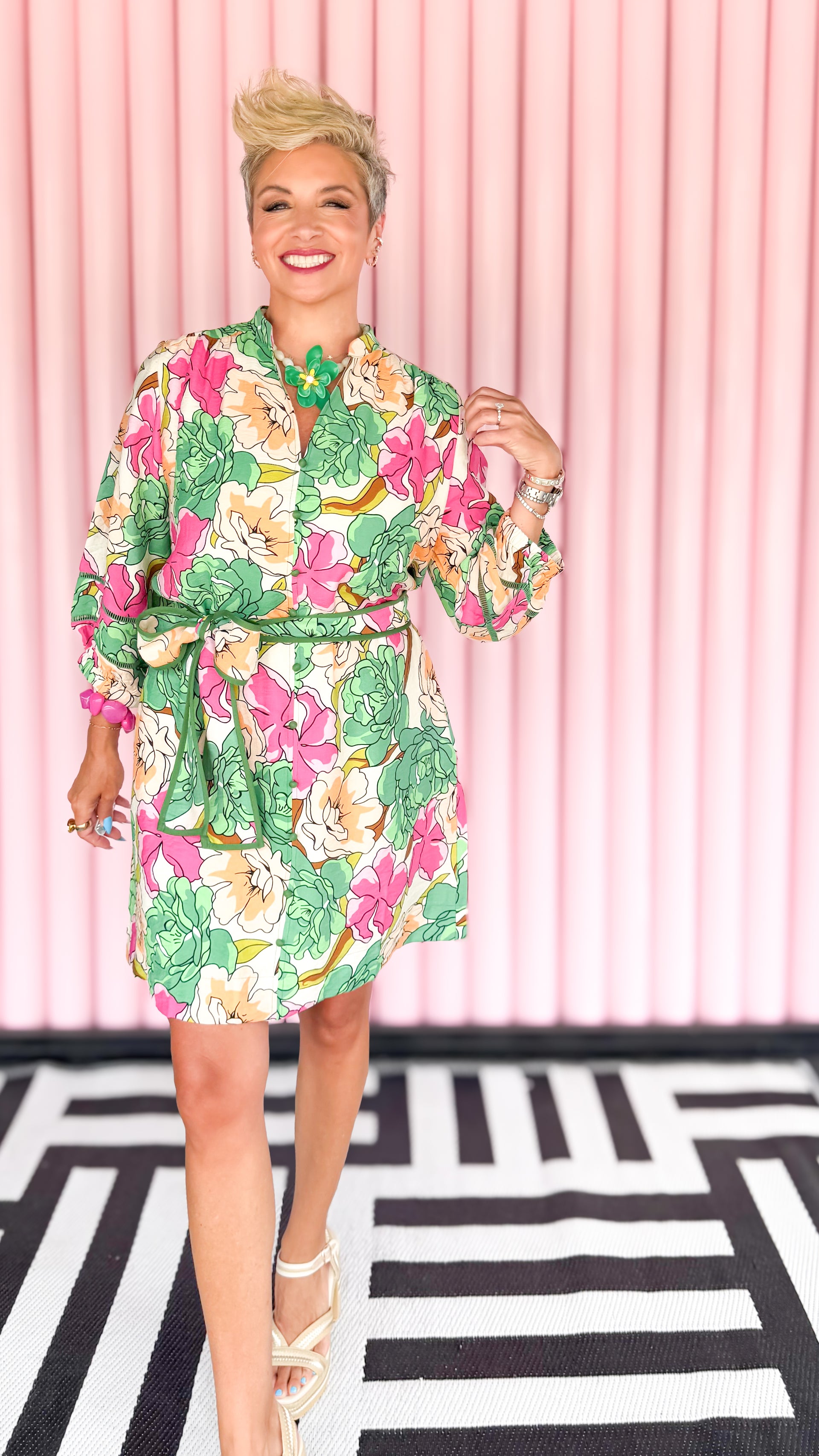 Green Floral Belted Shirt Dress | 3/4 Sleeve Short Dress