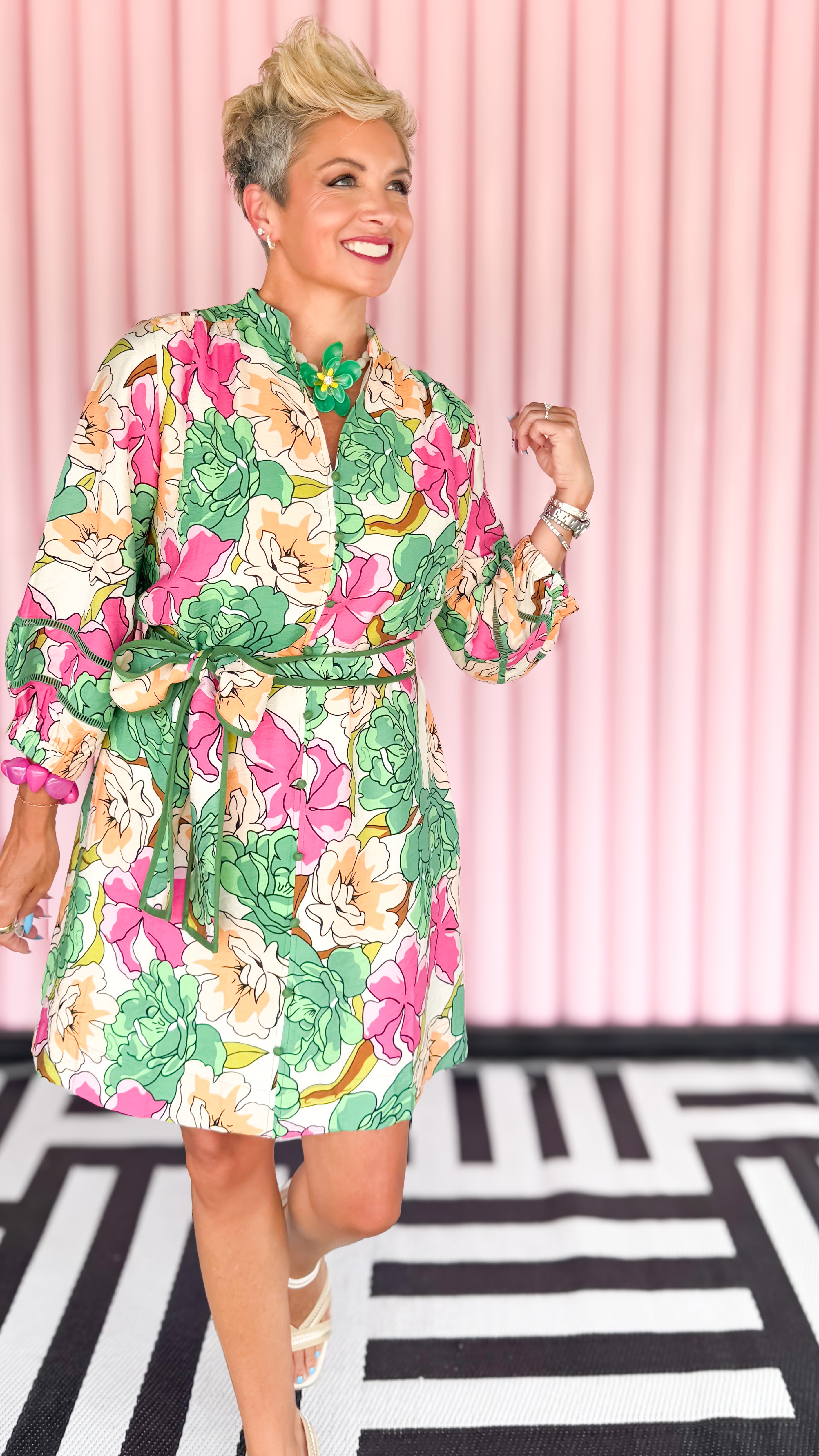 Short Floral Belted Dress/Green