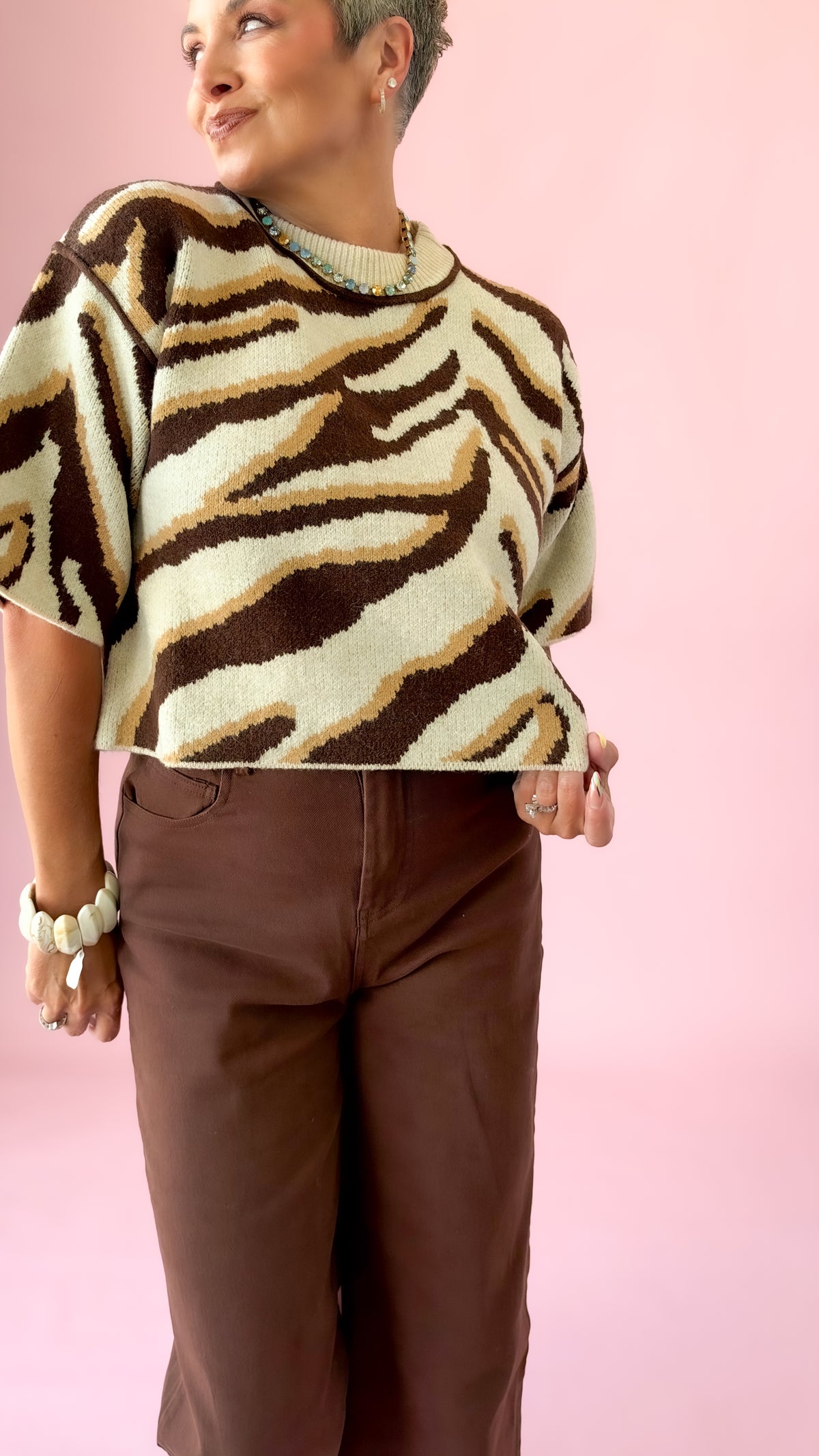 Zebra Mock Neck Sweater/Brown