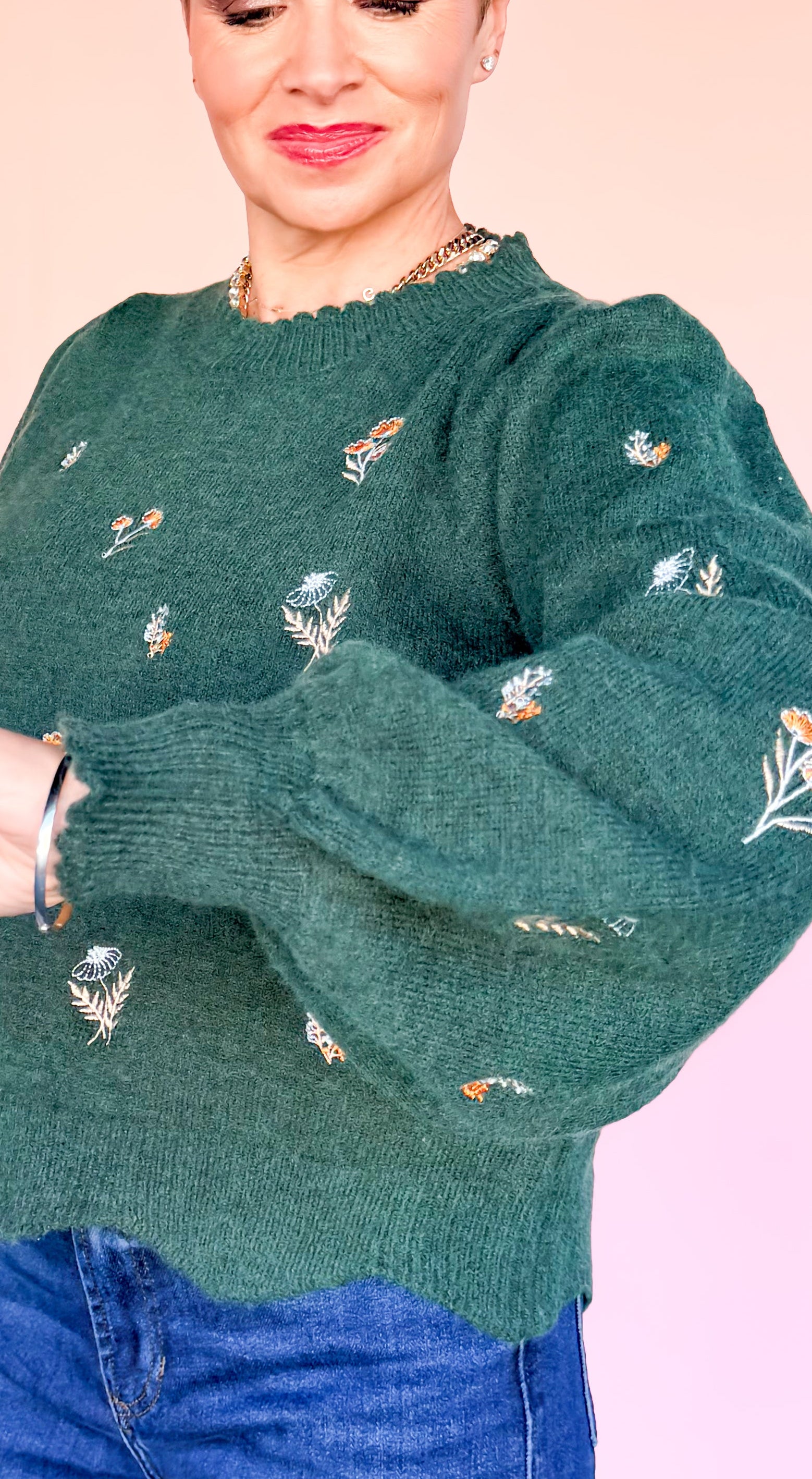 Floral Puff Sleeve Sweater/Green