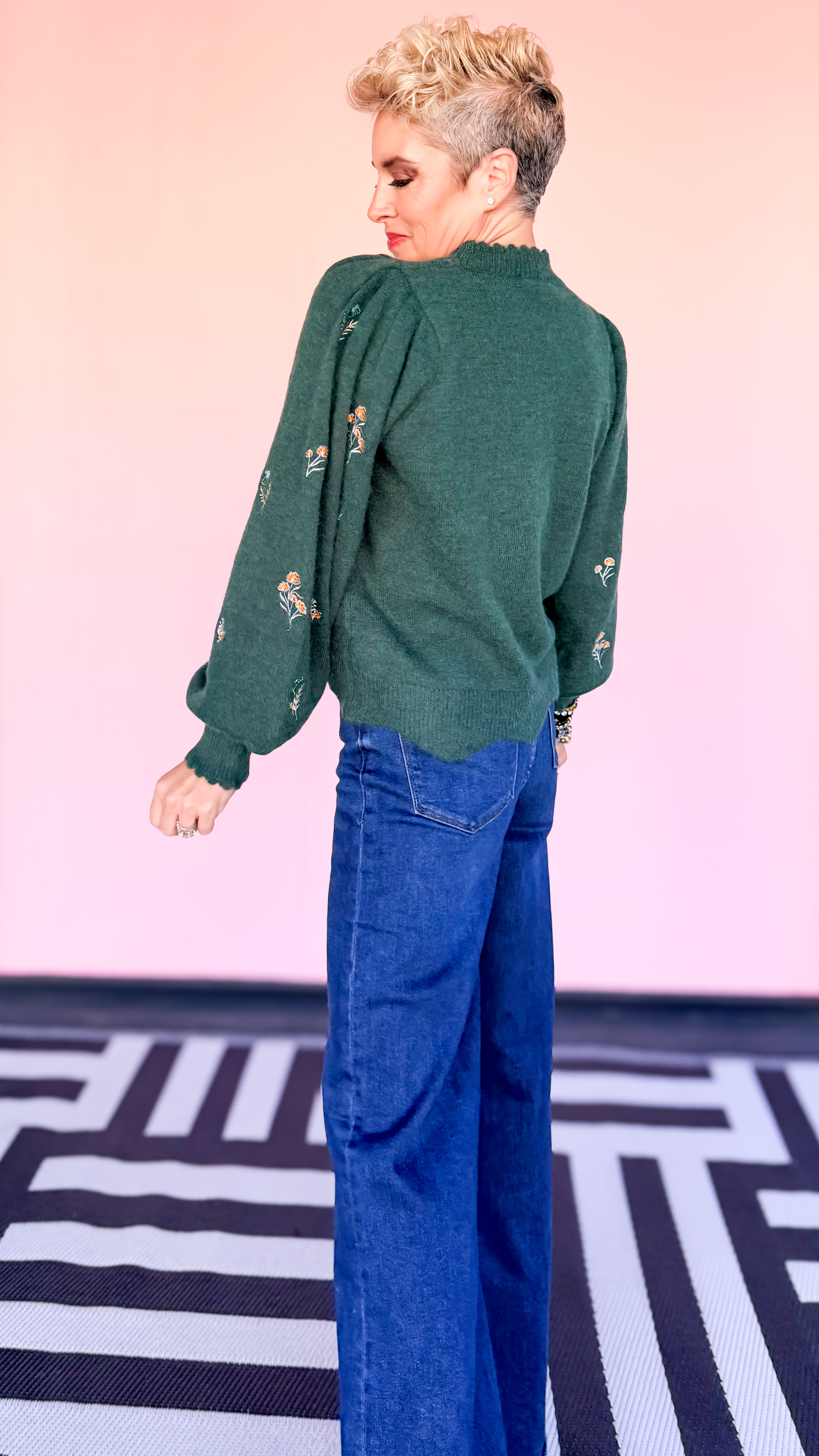 Floral Puff Sleeve Sweater/Green