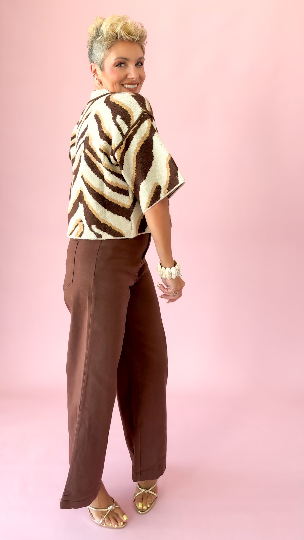 Zebra Mock Neck Sweater/Brown