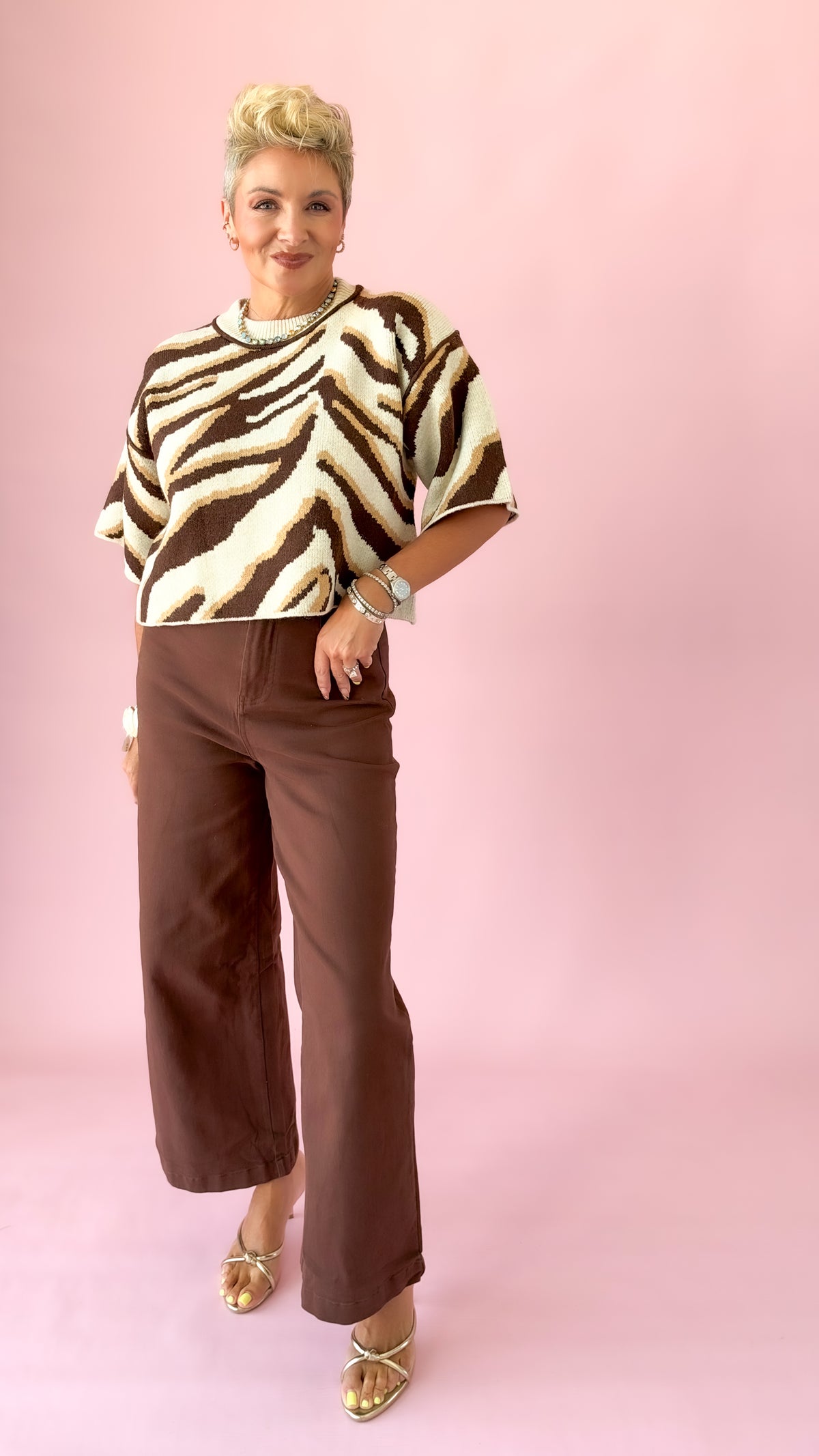 Zebra Mock Neck Sweater/Brown