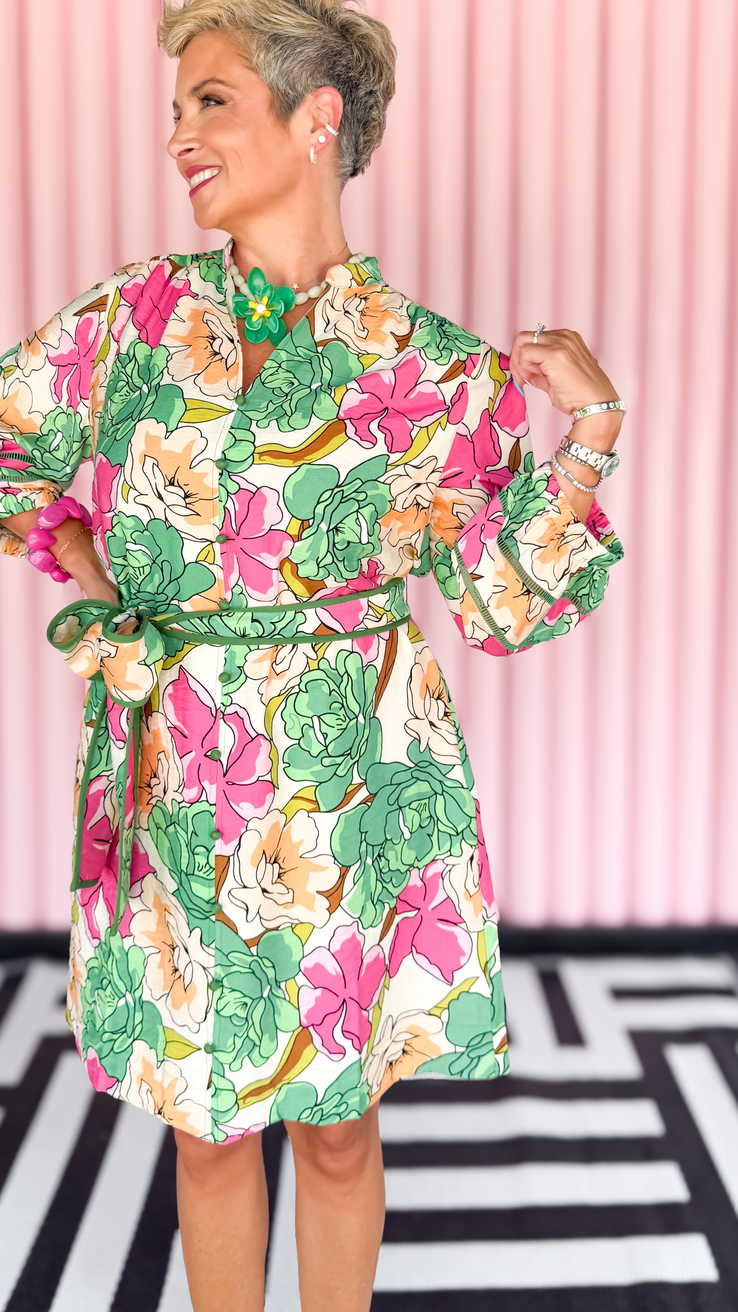 Short Floral Belted Dress/Green