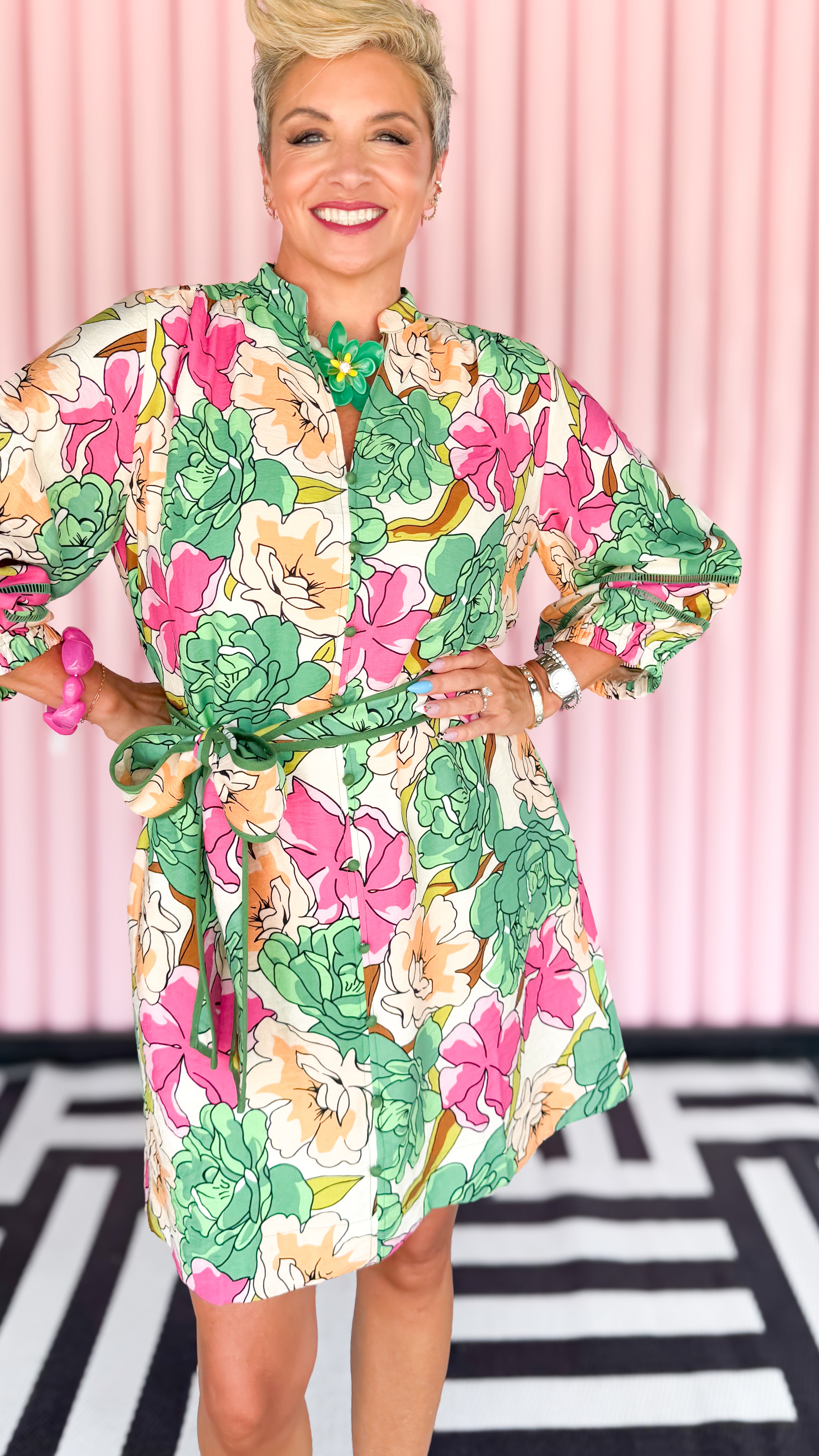 Short Floral Belted Dress/Green