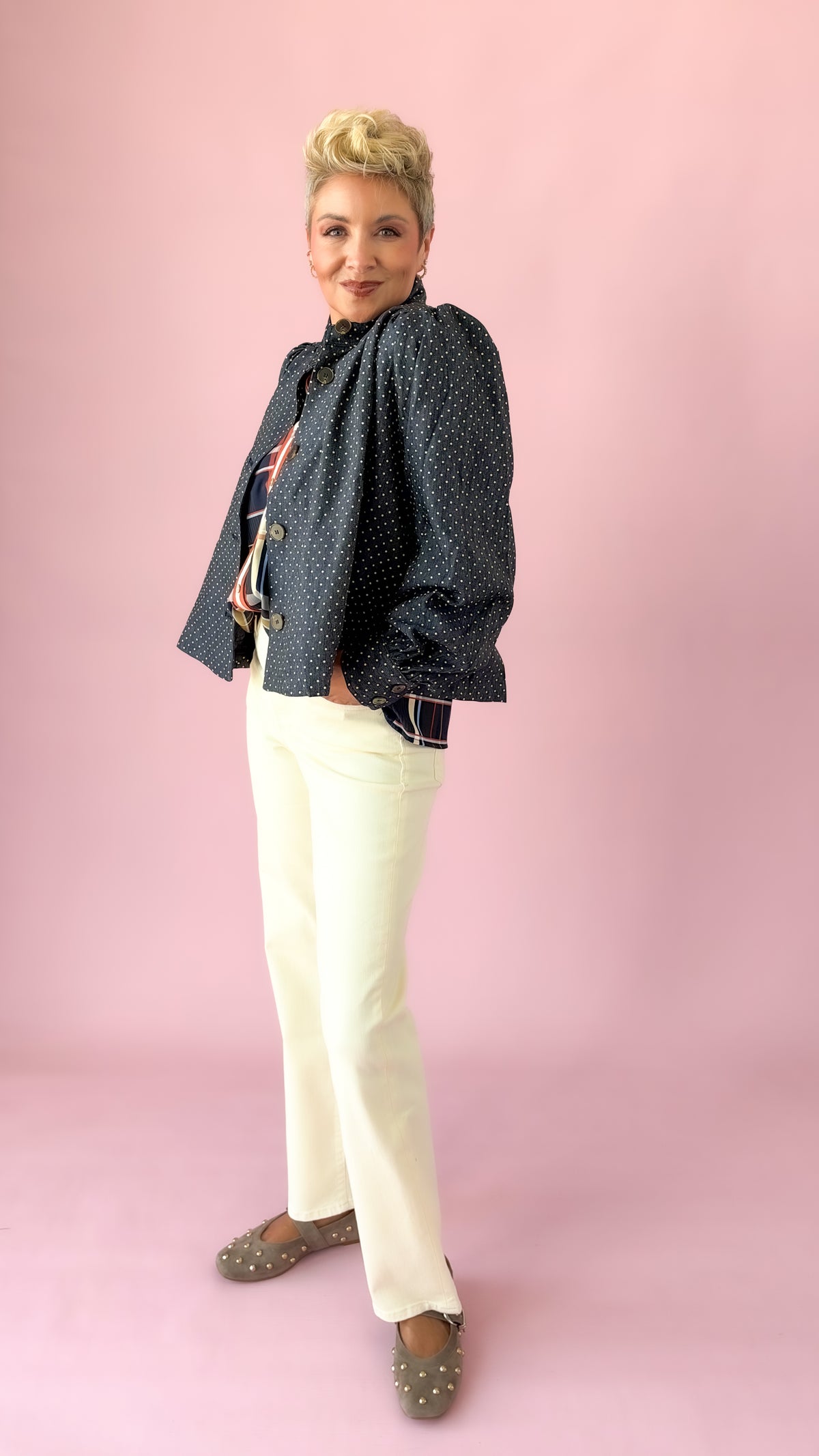 Puff Shoulder Dot Jacket/Dark Denim