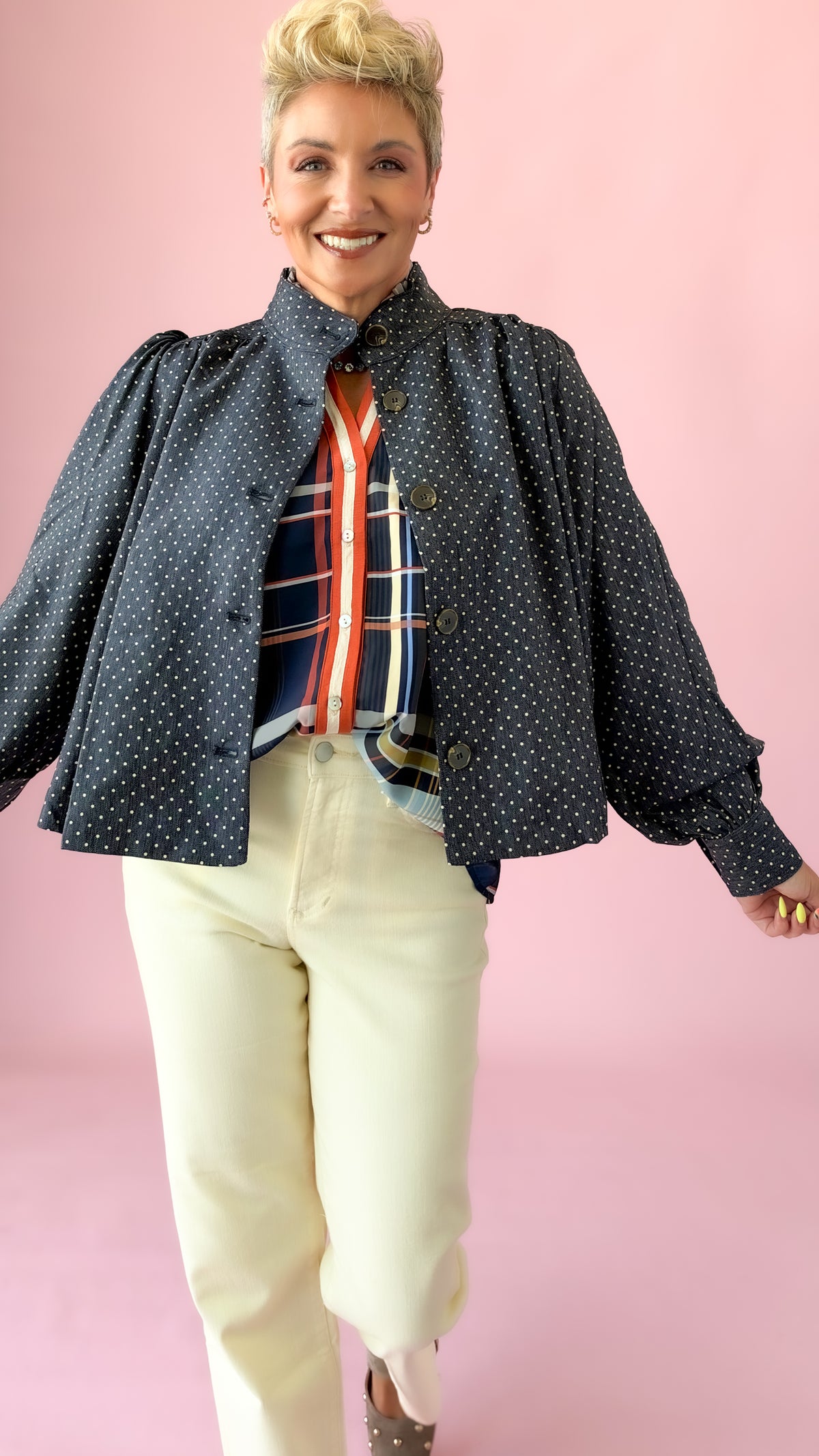 Puff Shoulder Dot Jacket/Dark Denim