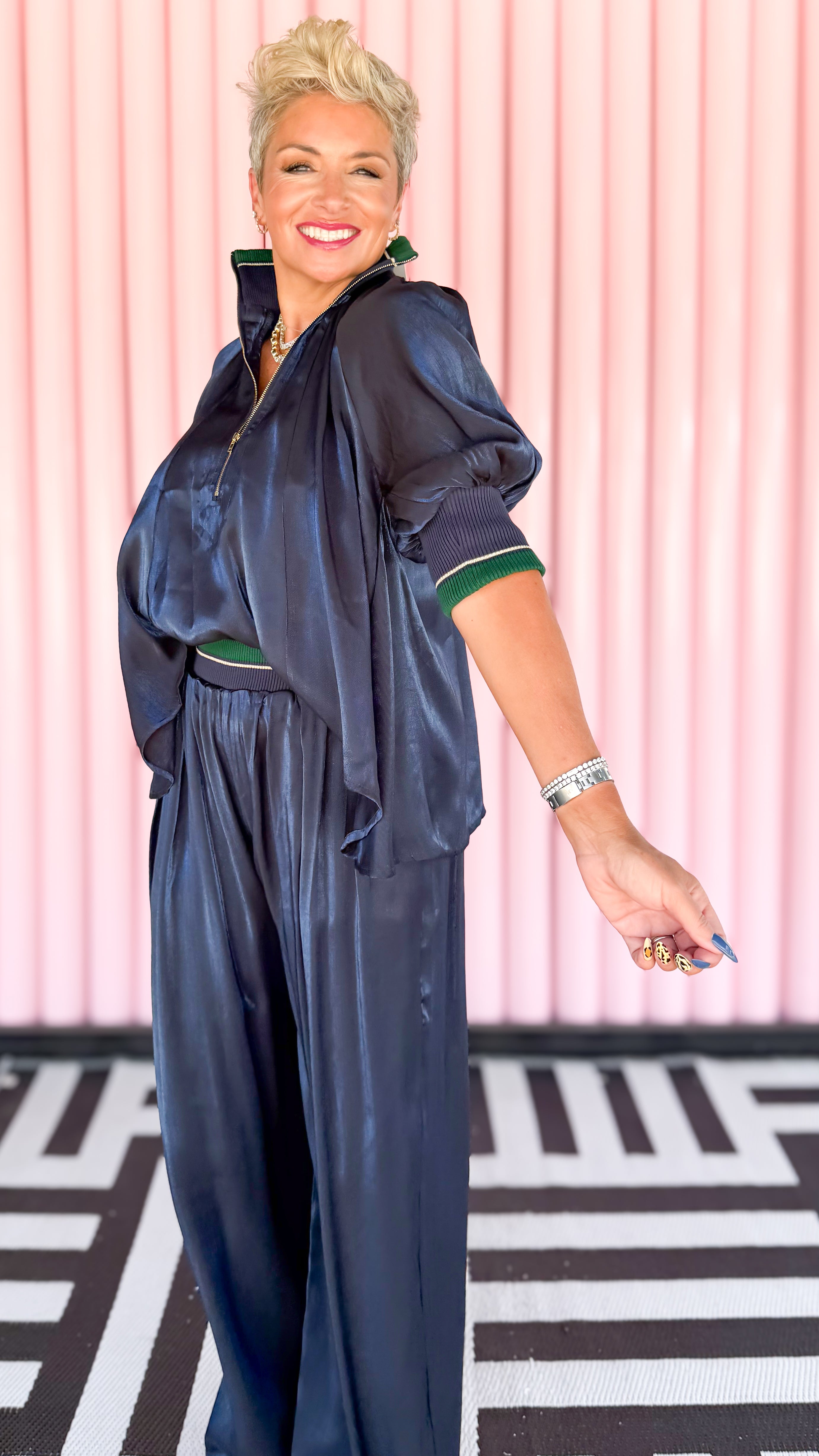 Silvia Shimmer Zip Blouse/Navy