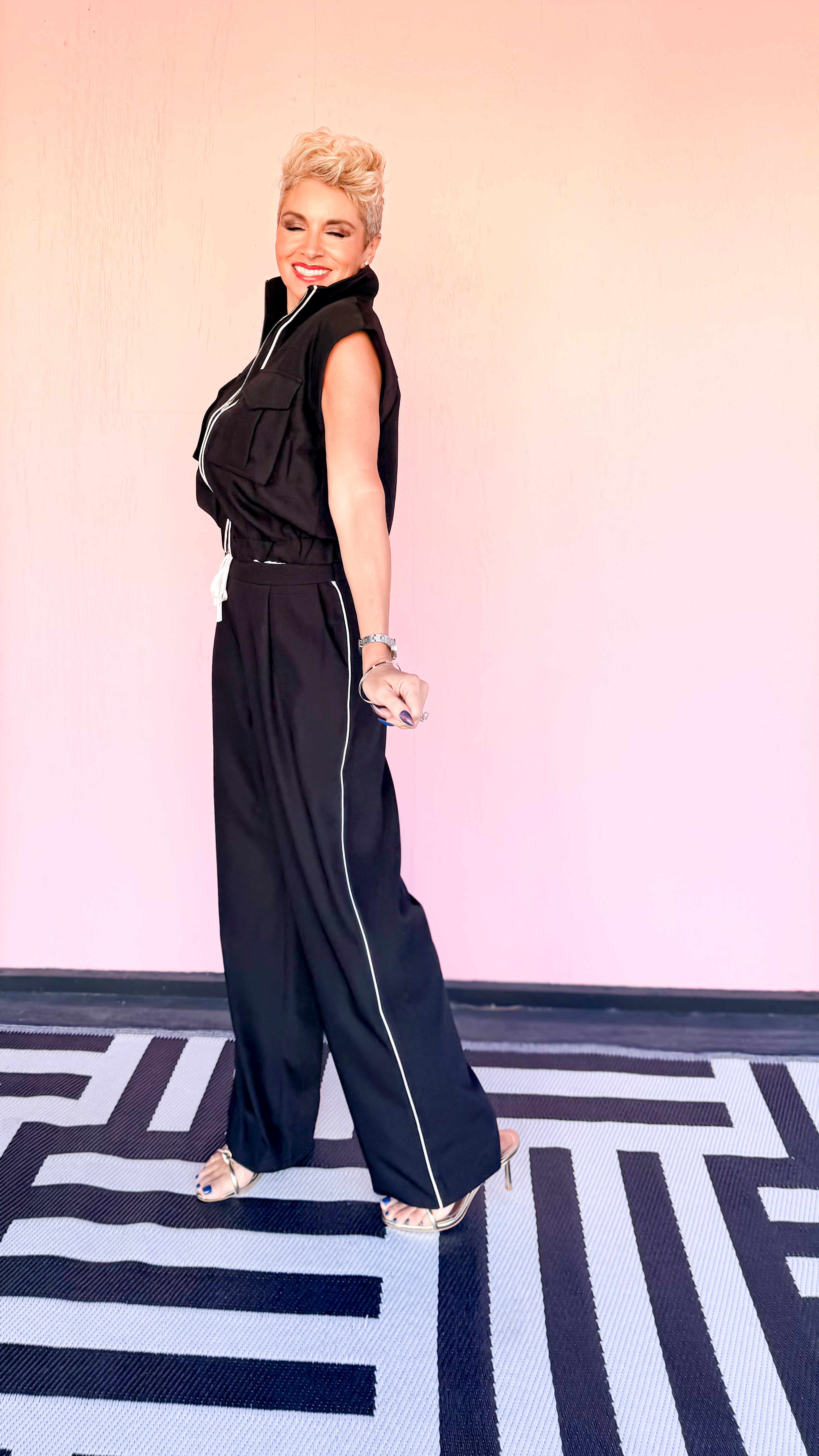 Contrast Waistband Wide Leg Pants/Black