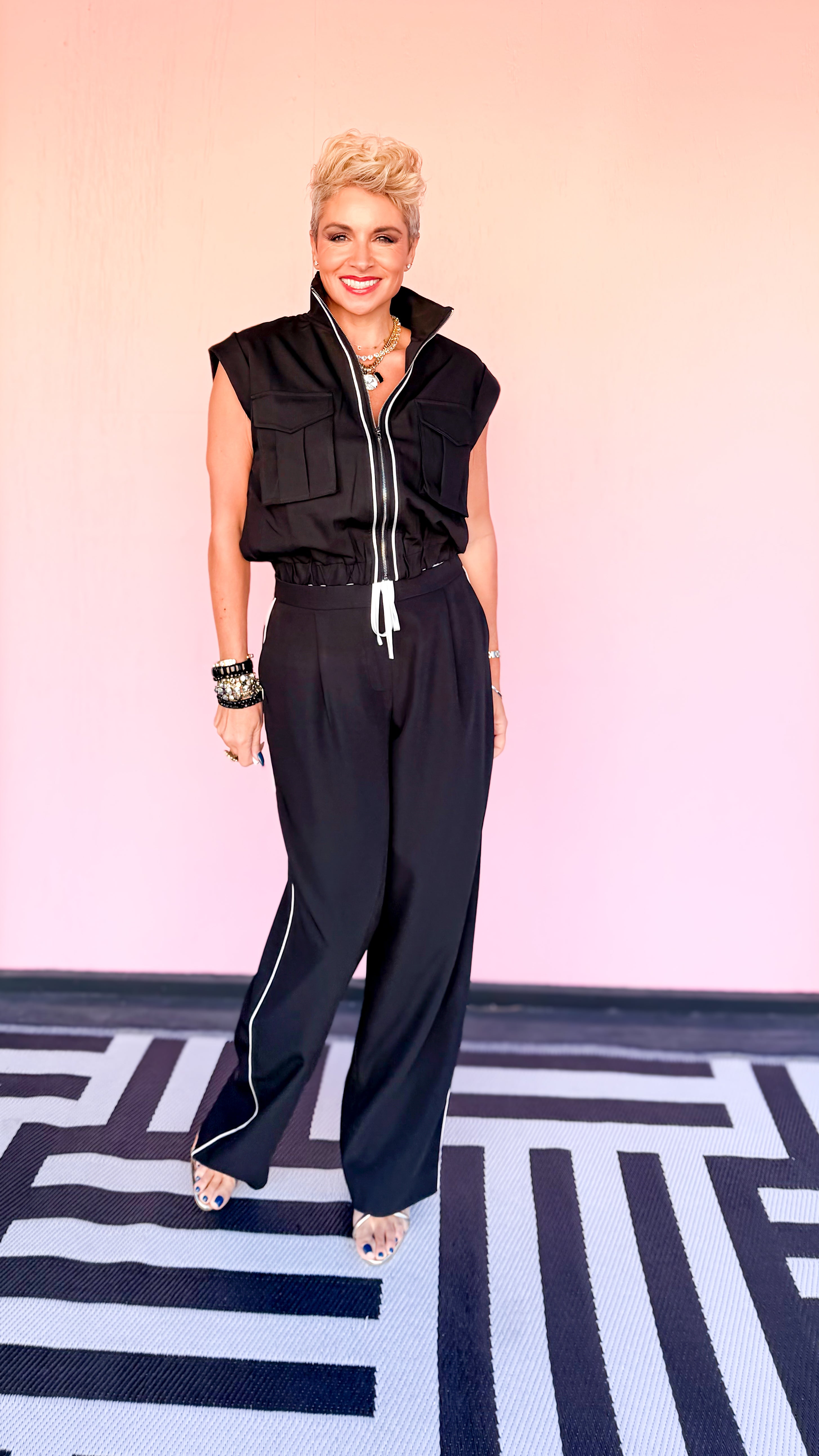 Contrast Waistband Wide Leg Pants/Black