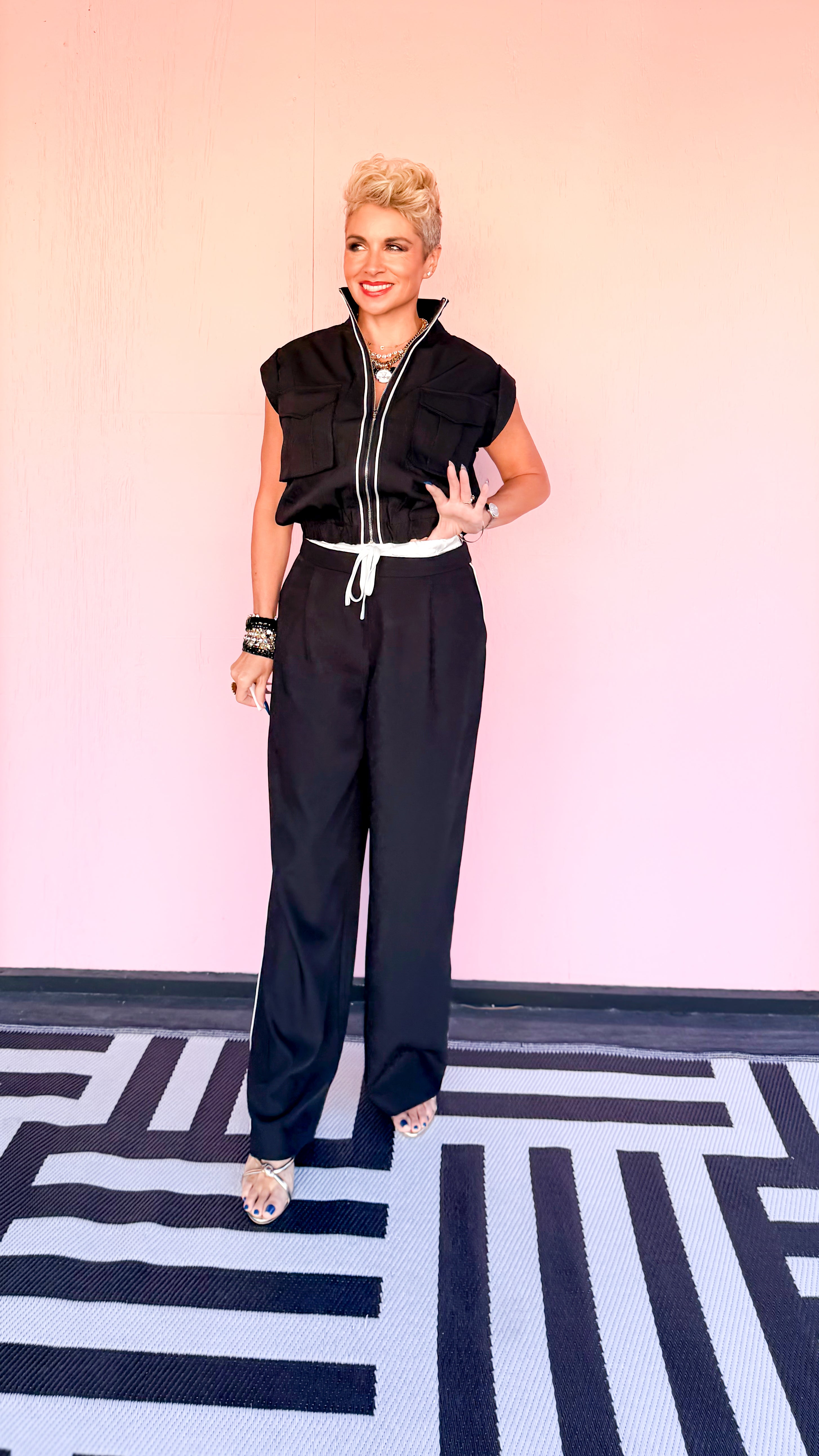 Contrast Waistband Wide Leg Pants/Black