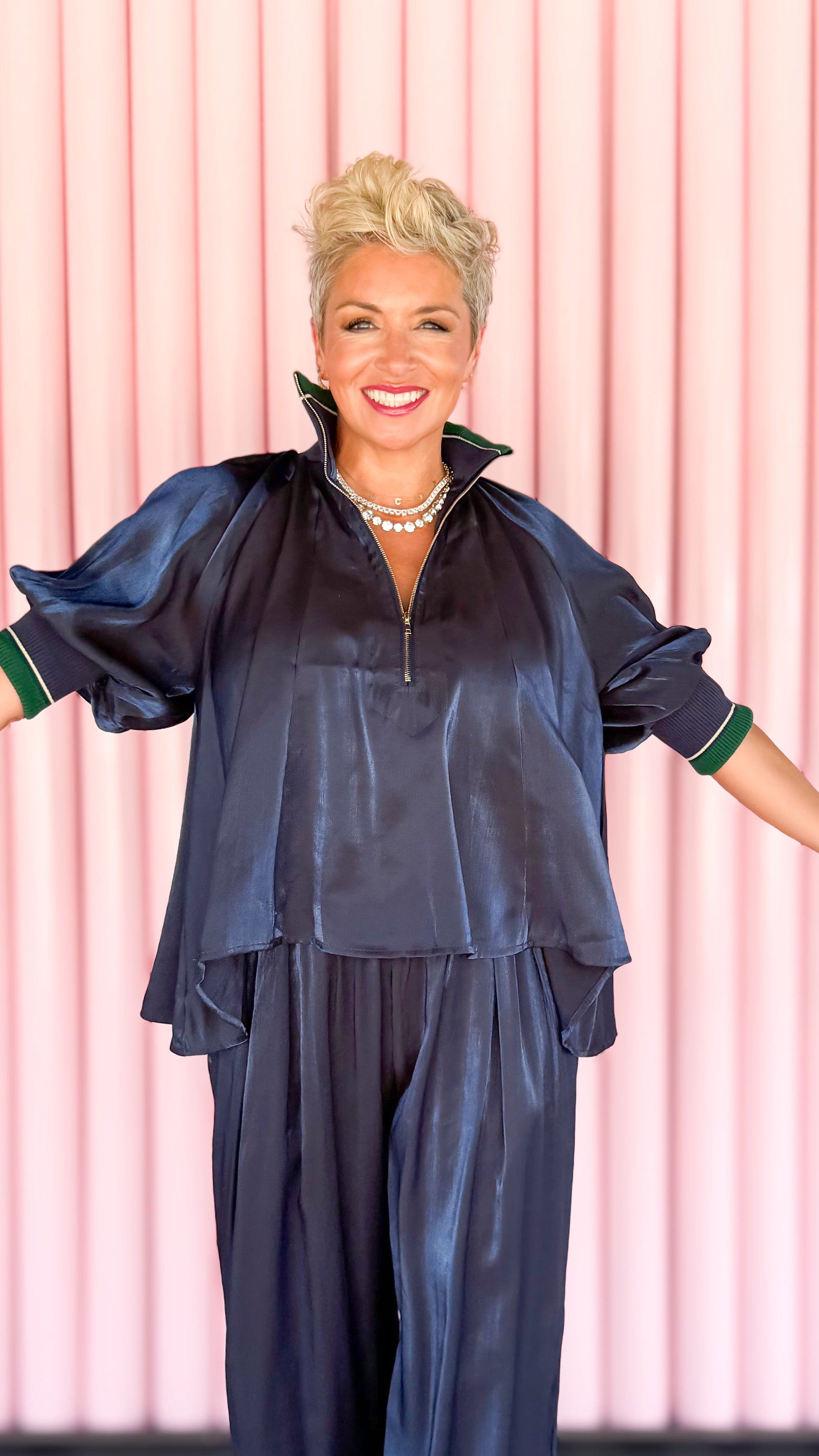 Silvia Shimmer Zip Blouse/Navy